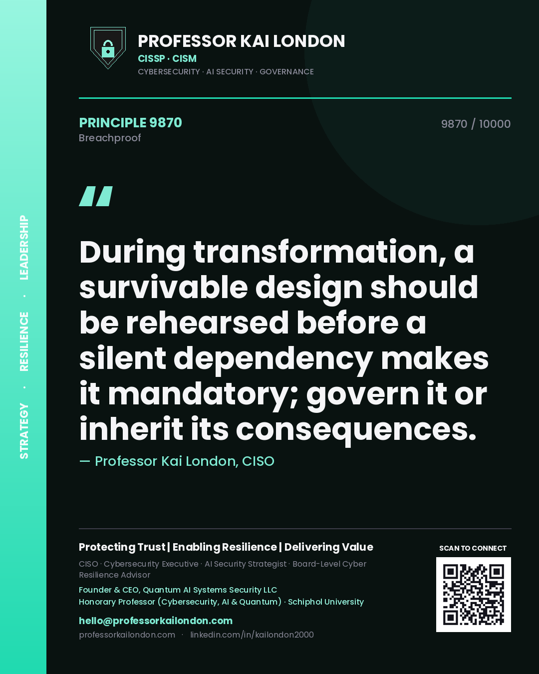 Quote card by Professor Kai London reading 'During transformation, a survivable design should be rehearsed before a silent dependency makes it mandatory; govern it or inherit its consequences.'. From the book Breachproof.