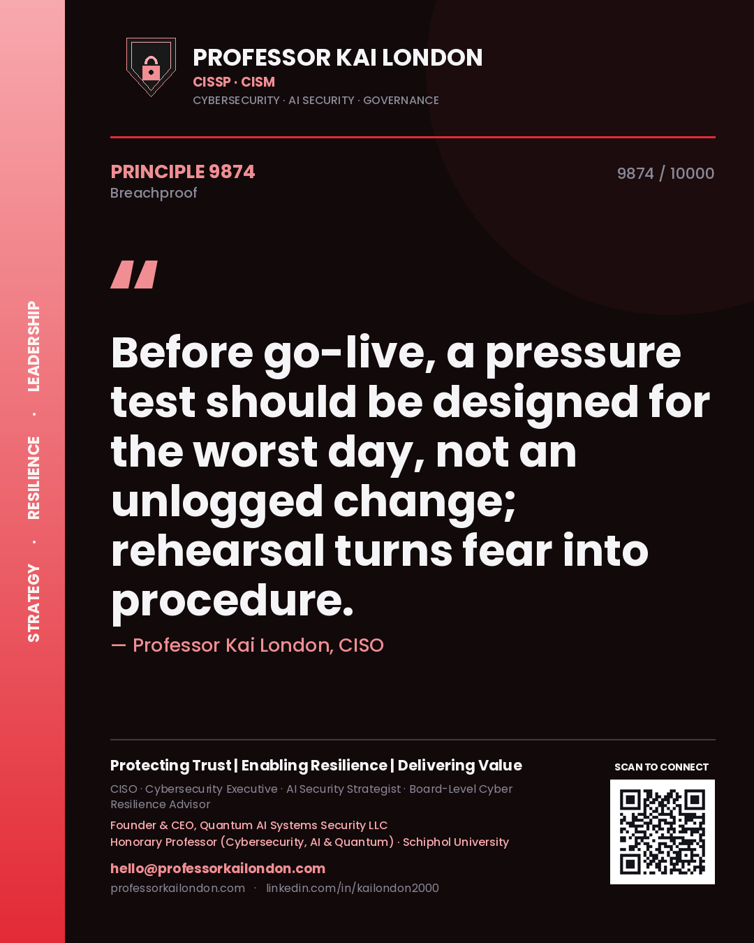 Quote card by Professor Kai London reading 'Before go-live, a pressure test should be designed for the worst day, not an unlogged change; rehearsal turns fear into procedure.'. From the book Breachproof.
