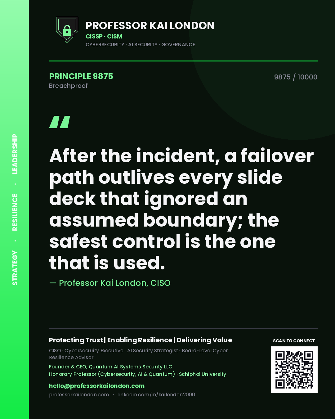 Quote card by Professor Kai London reading 'After the incident, a failover path outlives every slide deck that ignored an assumed boundary; the safest control is the one that is used.'. From the book Breachproof.