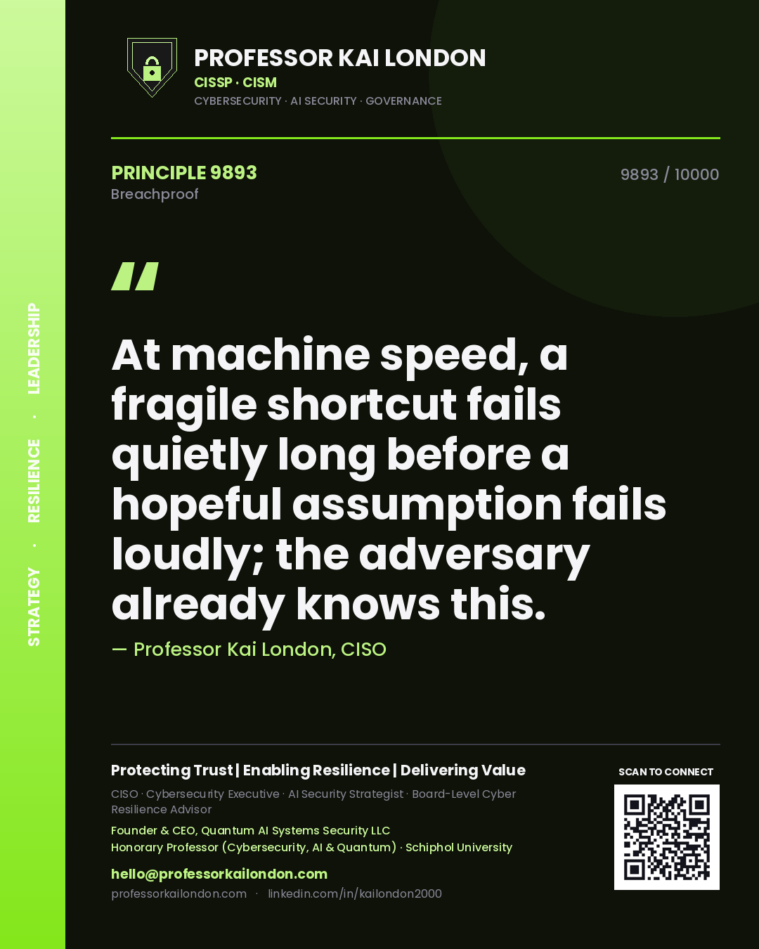Professor Kai London principle 9893: At machine speed, a fragile shortcut fails quietly long before a hopeful assumption fails loudly; the adversary already knows this.