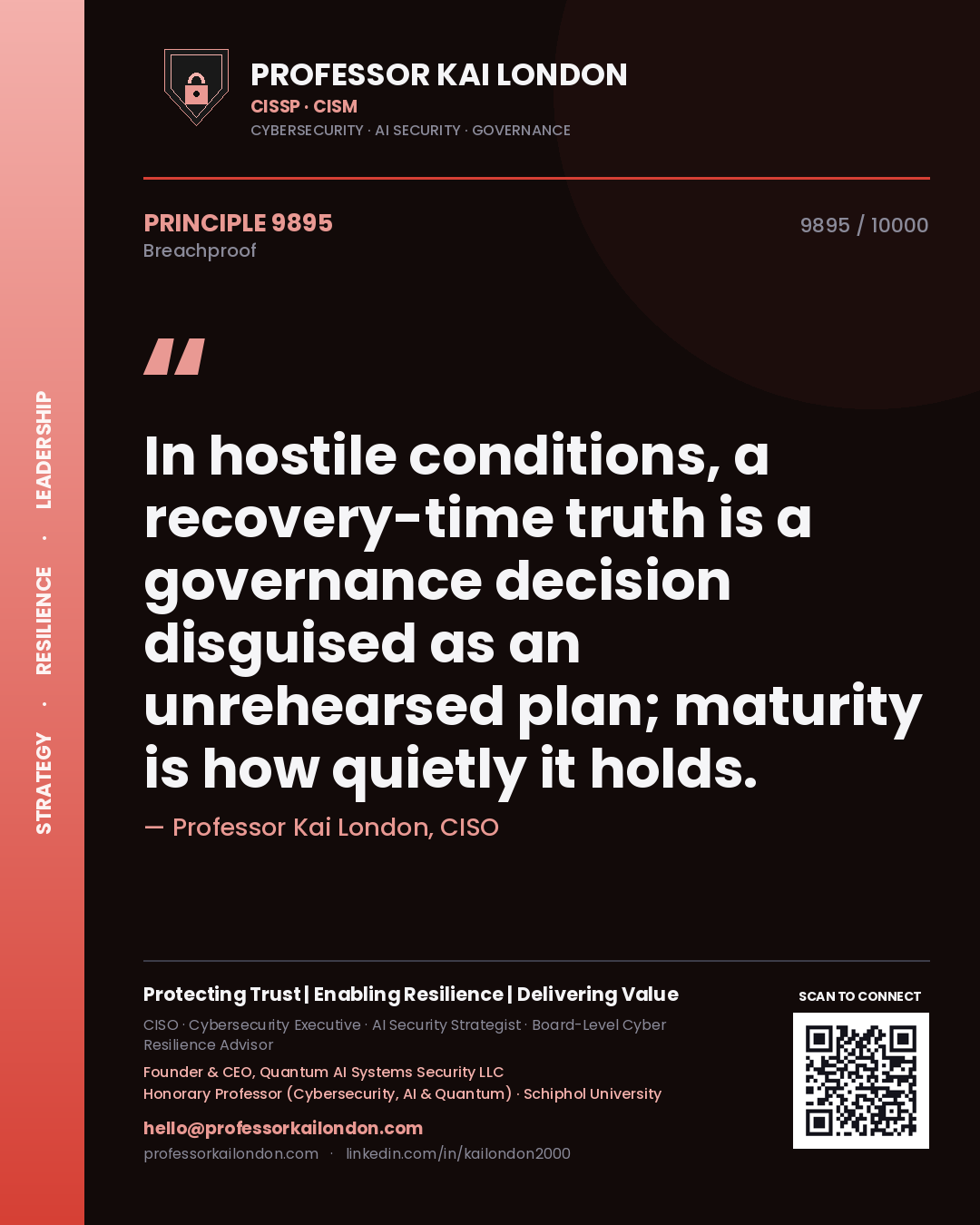 Quote card by Professor Kai London reading 'In hostile conditions, a recovery-time truth is a governance decision disguised as an unrehearsed plan; maturity is how quietly it holds.'. From the book Breachproof.
