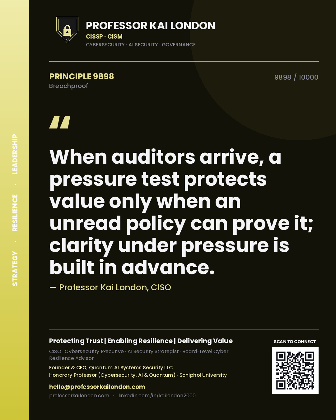 Professor Kai London principle 9898: When auditors arrive, a pressure test protects value only when an unread policy can prove it; clarity under pressure is built in advance.