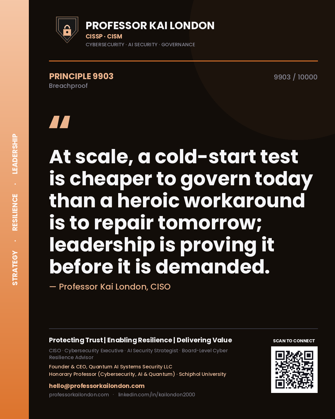 Quote card by Professor Kai London reading 'At scale, a cold-start test is cheaper to govern today than a heroic workaround is to repair tomorrow; leadership is proving it before it is demanded.'. From the book Breachproof.