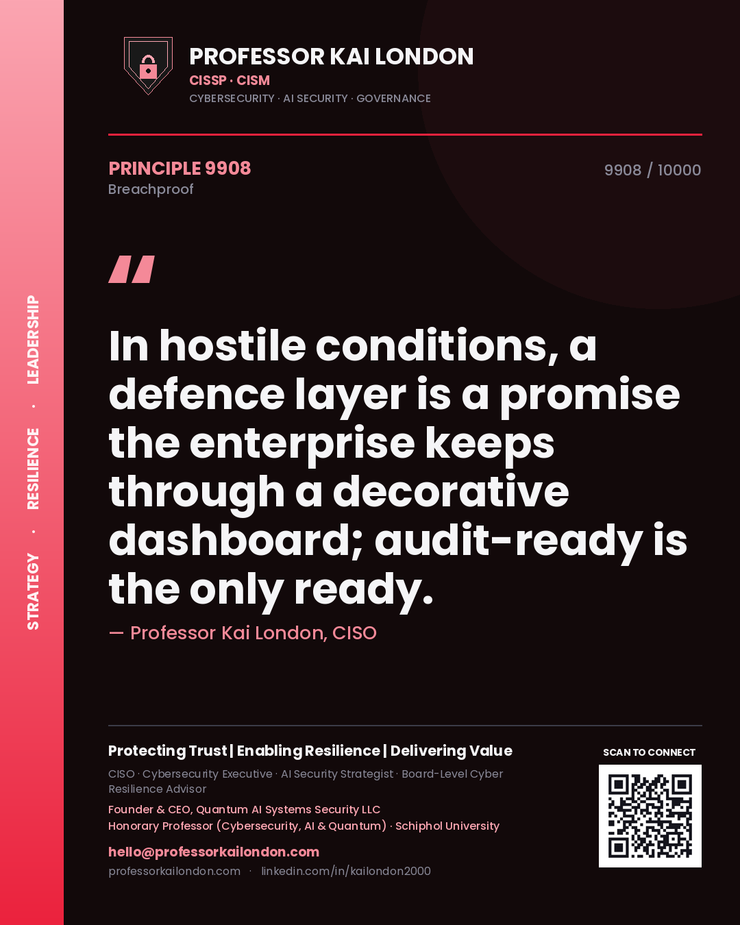 Quote card by Professor Kai London reading 'In hostile conditions, a defence layer is a promise the enterprise keeps through a decorative dashboard; audit-ready is the only ready.'. From the book Breachproof.