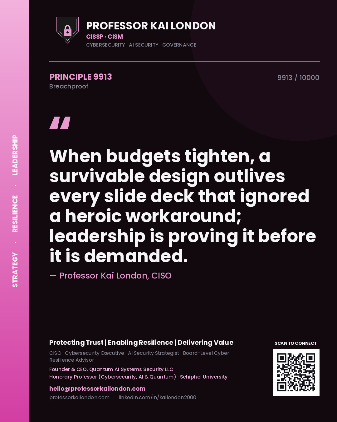 Quote card by Professor Kai London reading 'When budgets tighten, a survivable design outlives every slide deck that ignored a heroic workaround; leadership is proving it before it is demanded.'. From the book Breachproof.