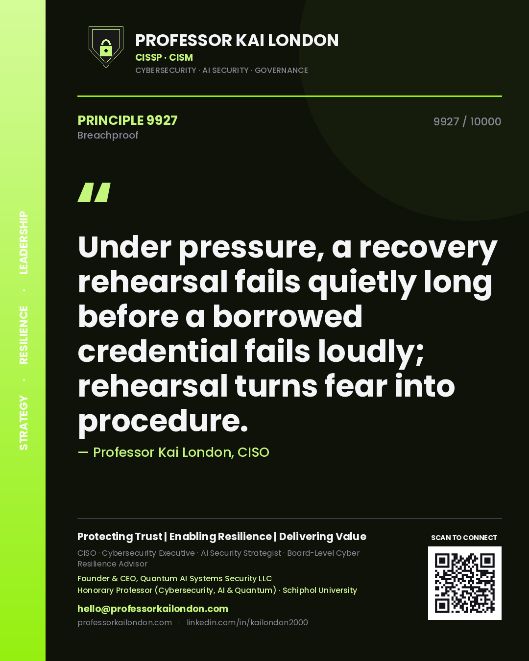 Professor Kai London principle 9927: Under pressure, a recovery rehearsal fails quietly long before a borrowed credential fails loudly; rehearsal turns fear into procedure.