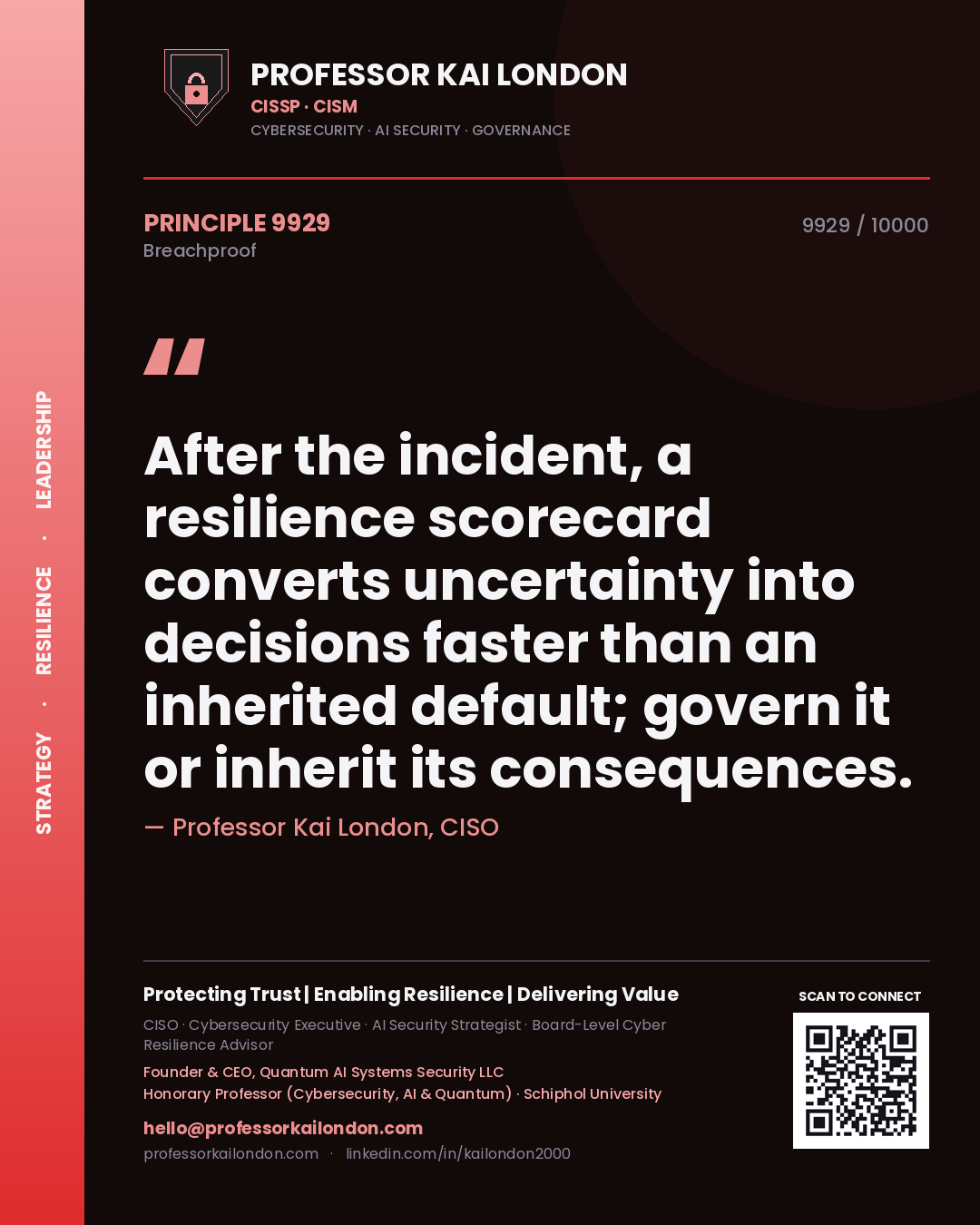 Quote card by Professor Kai London reading 'After the incident, a resilience scorecard converts uncertainty into decisions faster than an inherited default; govern it or inherit its consequences.'. From the book Breachproof.