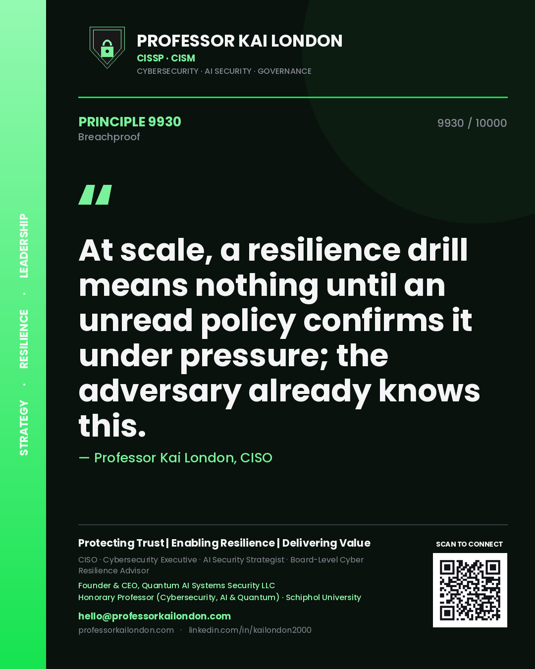 Quote card by Professor Kai London reading 'At scale, a resilience drill means nothing until an unread policy confirms it under pressure; the adversary already knows this.'. From the book Breachproof.
