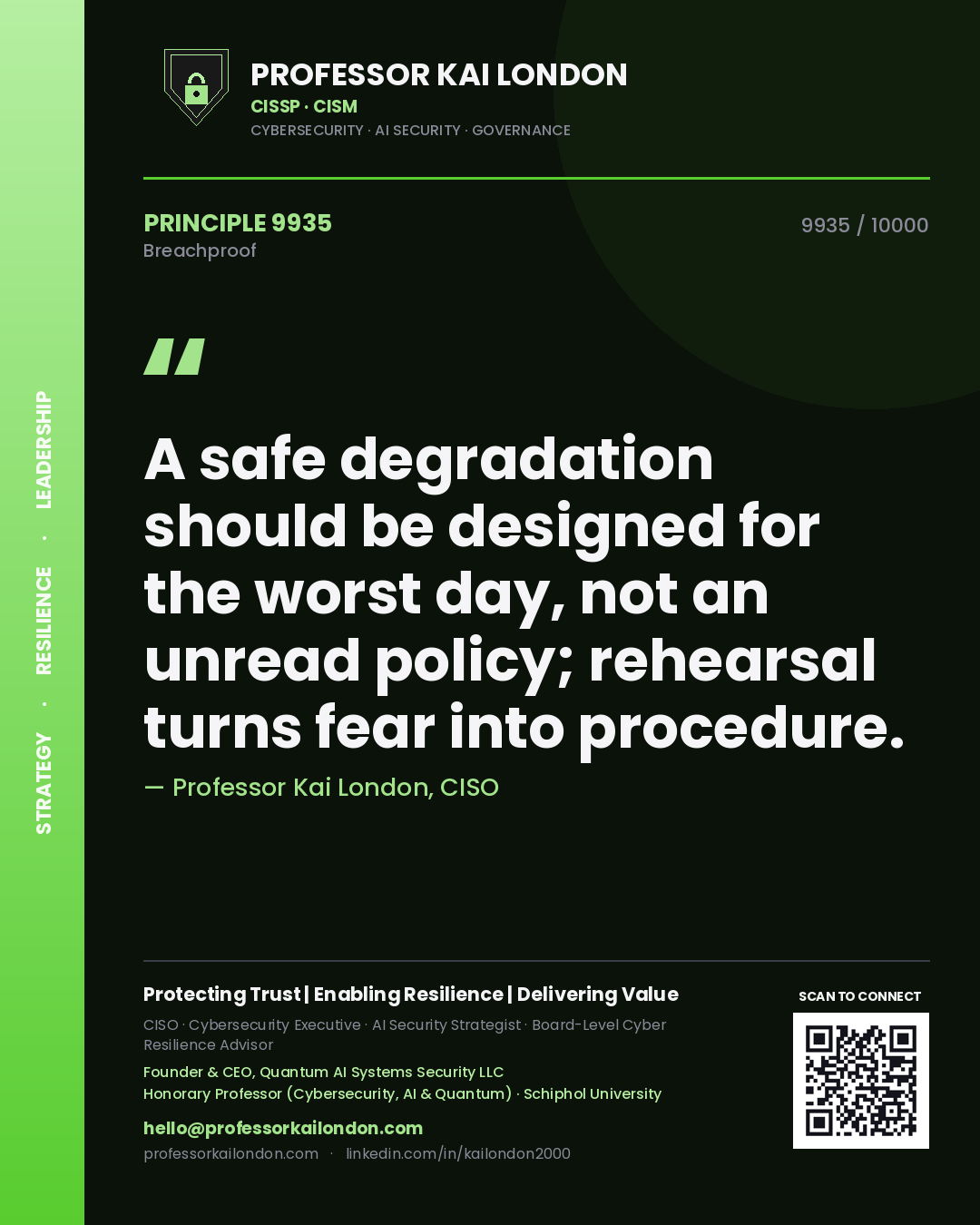 Quote card by Professor Kai London reading 'A safe degradation should be designed for the worst day, not an unread policy; rehearsal turns fear into procedure.'. From the book Breachproof.