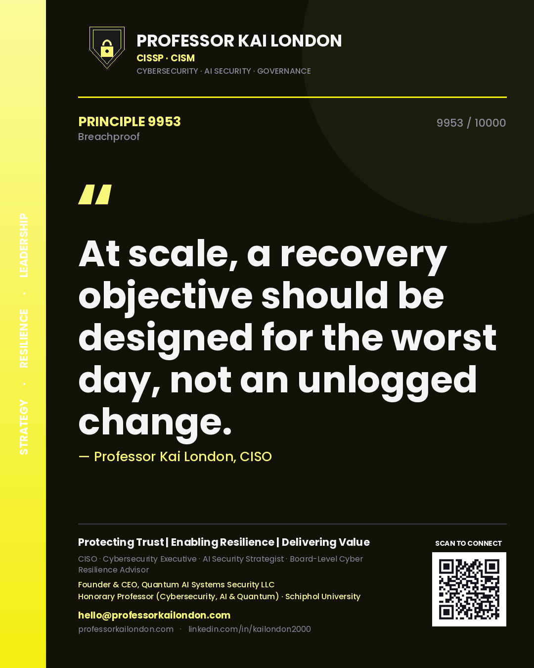 Quote card by Professor Kai London reading 'At scale, a recovery objective should be designed for the worst day, not an unlogged change.'. From the book Breachproof.