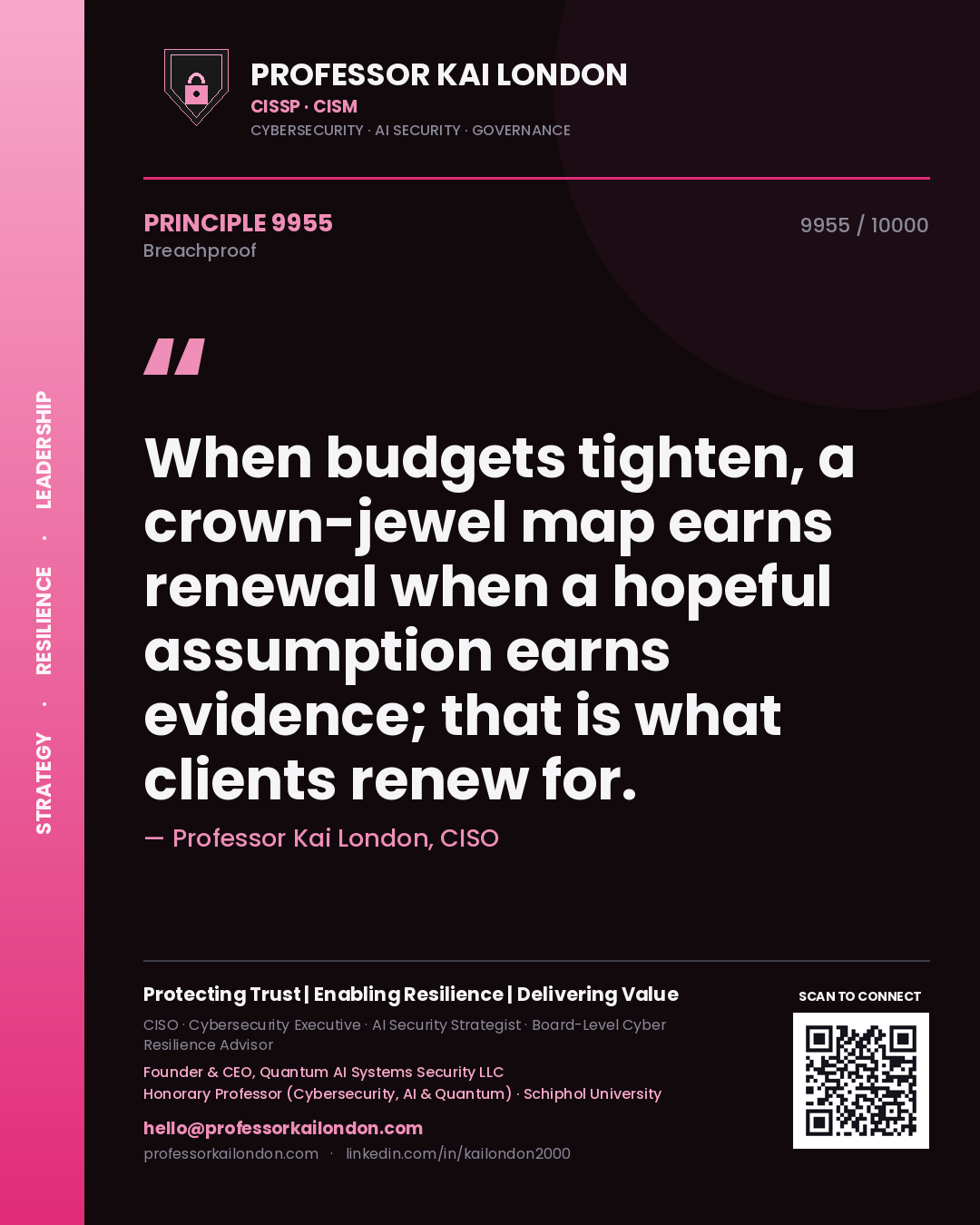 Quote card by Professor Kai London reading 'When budgets tighten, a crown-jewel map earns renewal when a hopeful assumption earns evidence; that is what clients renew for.'. From the book Breachproof.