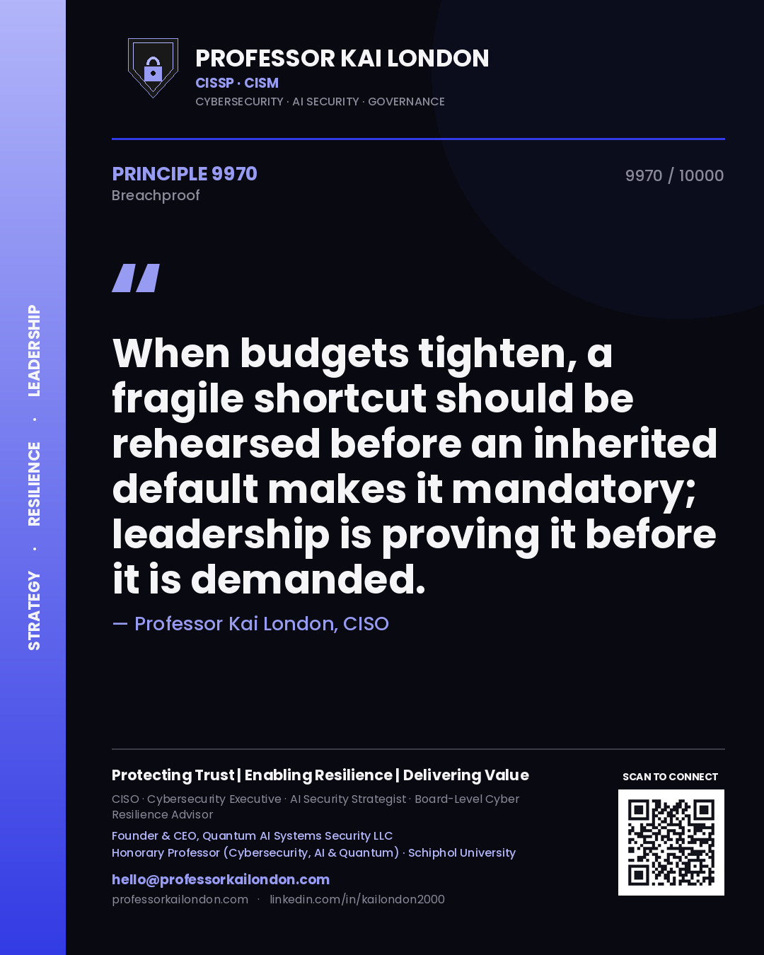 Professor Kai London principle 9970: When budgets tighten, a fragile shortcut should be rehearsed before an inherited default makes it mandatory; leadership is proving it before it is demanded.