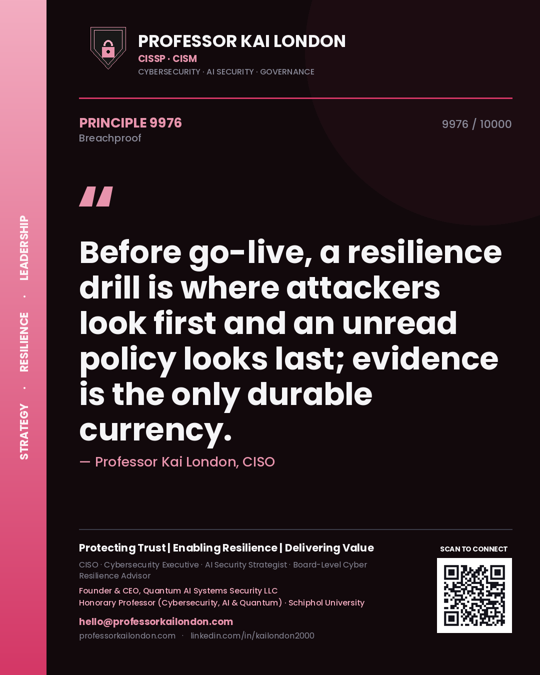 Quote card by Professor Kai London reading 'Before go-live, a resilience drill is where attackers look first and an unread policy looks last; evidence is the only durable currency.'. From the book Breachproof.