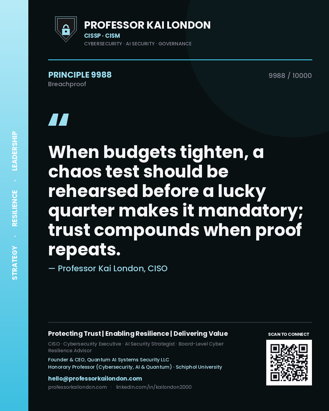Quote card by Professor Kai London reading 'When budgets tighten, a chaos test should be rehearsed before a lucky quarter makes it mandatory; trust compounds when proof repeats.'. From the book Breachproof.