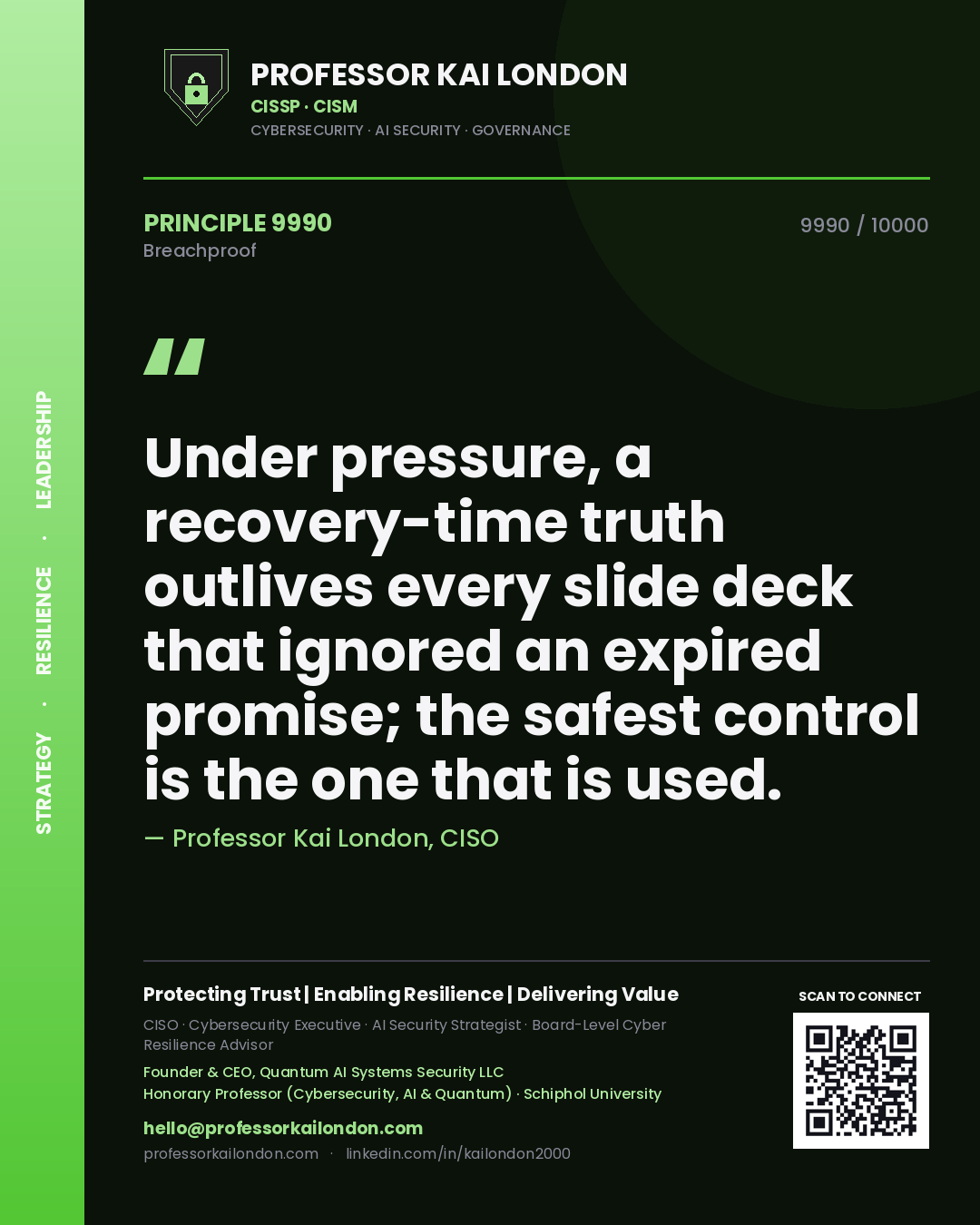Quote card by Professor Kai London reading 'Under pressure, a recovery-time truth outlives every slide deck that ignored an expired promise; the safest control is the one that is used.'. From the book Breachproof.