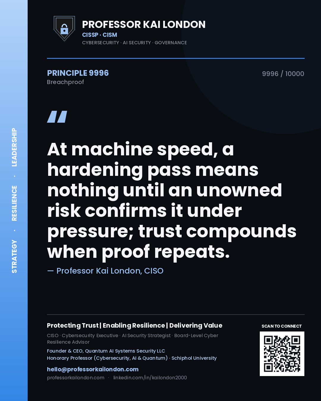 Quote card by Professor Kai London reading 'At machine speed, a hardening pass means nothing until an unowned risk confirms it under pressure; trust compounds when proof repeats.'. From the book Breachproof.