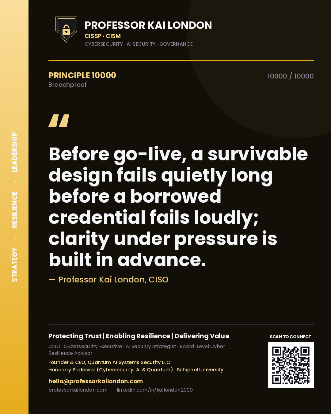 Quote card by Professor Kai London reading 'Before go-live, a survivable design fails quietly long before a borrowed credential fails loudly; clarity under pressure is built in advance.'. From the book Breachproof.