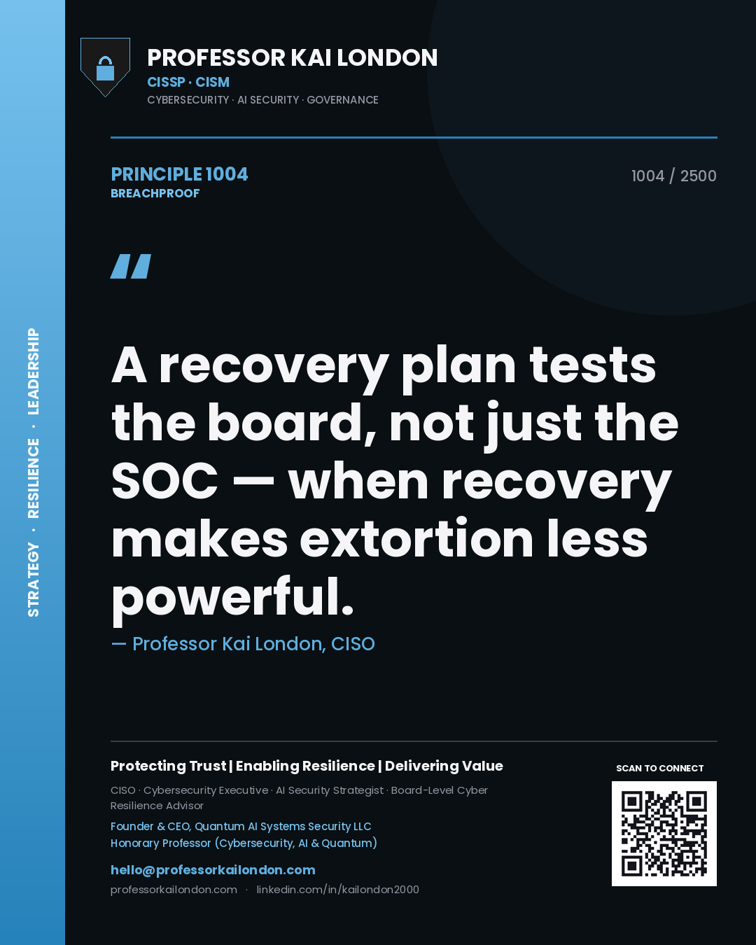 Quote card by Professor Kai London reading 'A recovery plan tests the board, not just the SOC — when recovery makes extortion less powerful.'. From the book Breachproof.