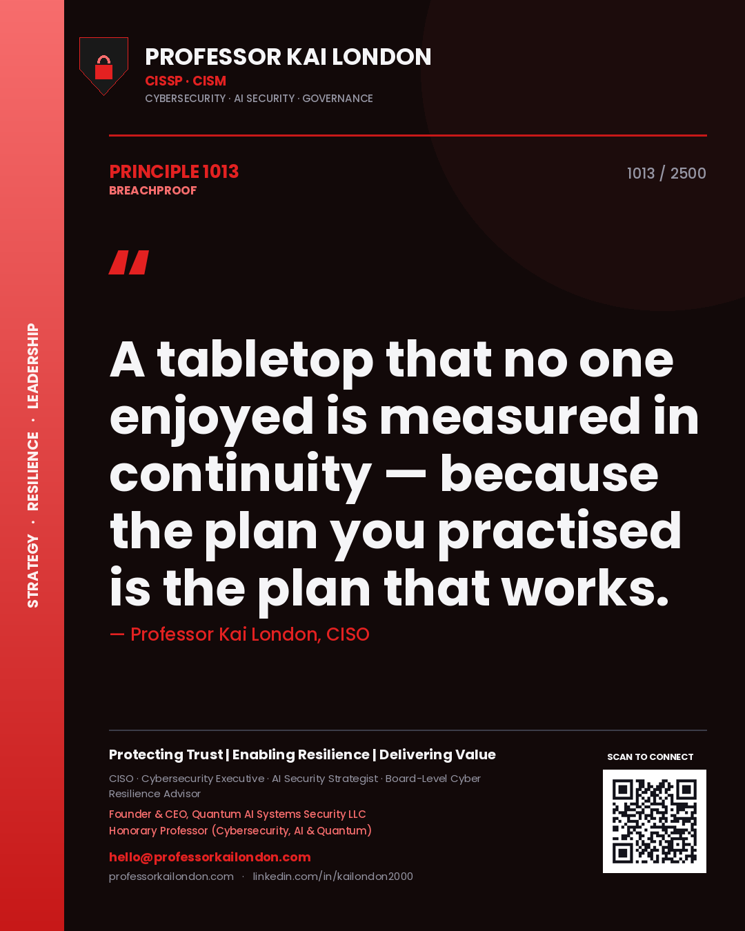 Quote card by Professor Kai London reading 'A tabletop that no one enjoyed is measured in continuity — because the plan you practised is the plan that works.'. From the book Breachproof.
