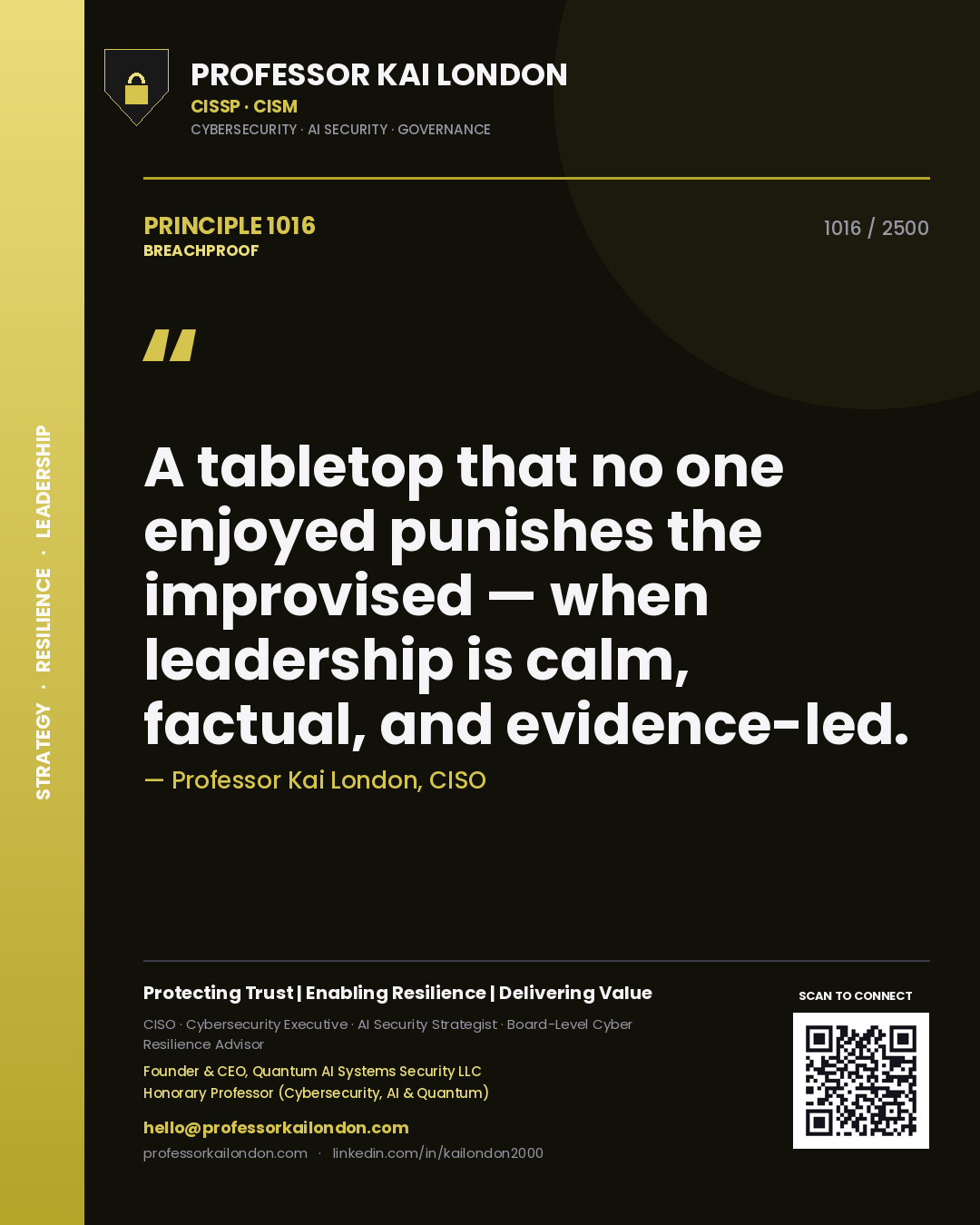 Quote card by Professor Kai London reading 'A tabletop that no one enjoyed punishes the improvised — when leadership is calm, factual, and evidence-led.'. From the book Breachproof.