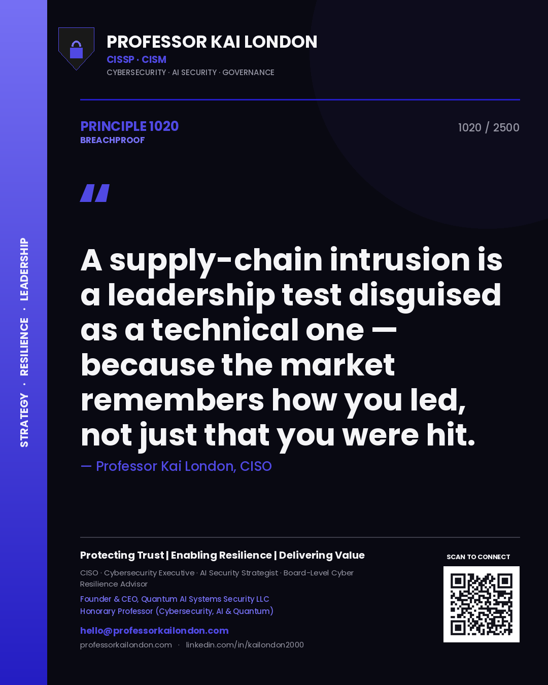 Professor Kai London principle 1020: A supply-chain intrusion is a leadership test disguised as a technical one — because the market remembers how you led, not just that you were hit.