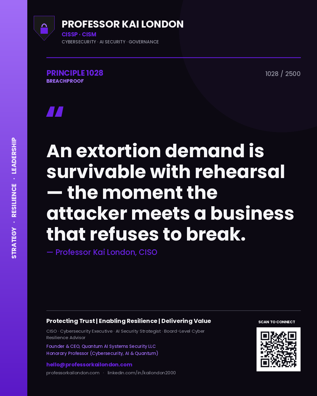 Quote card by Professor Kai London reading 'An extortion demand is survivable with rehearsal — the moment the attacker meets a business that refuses to break.'. From the book Breachproof.