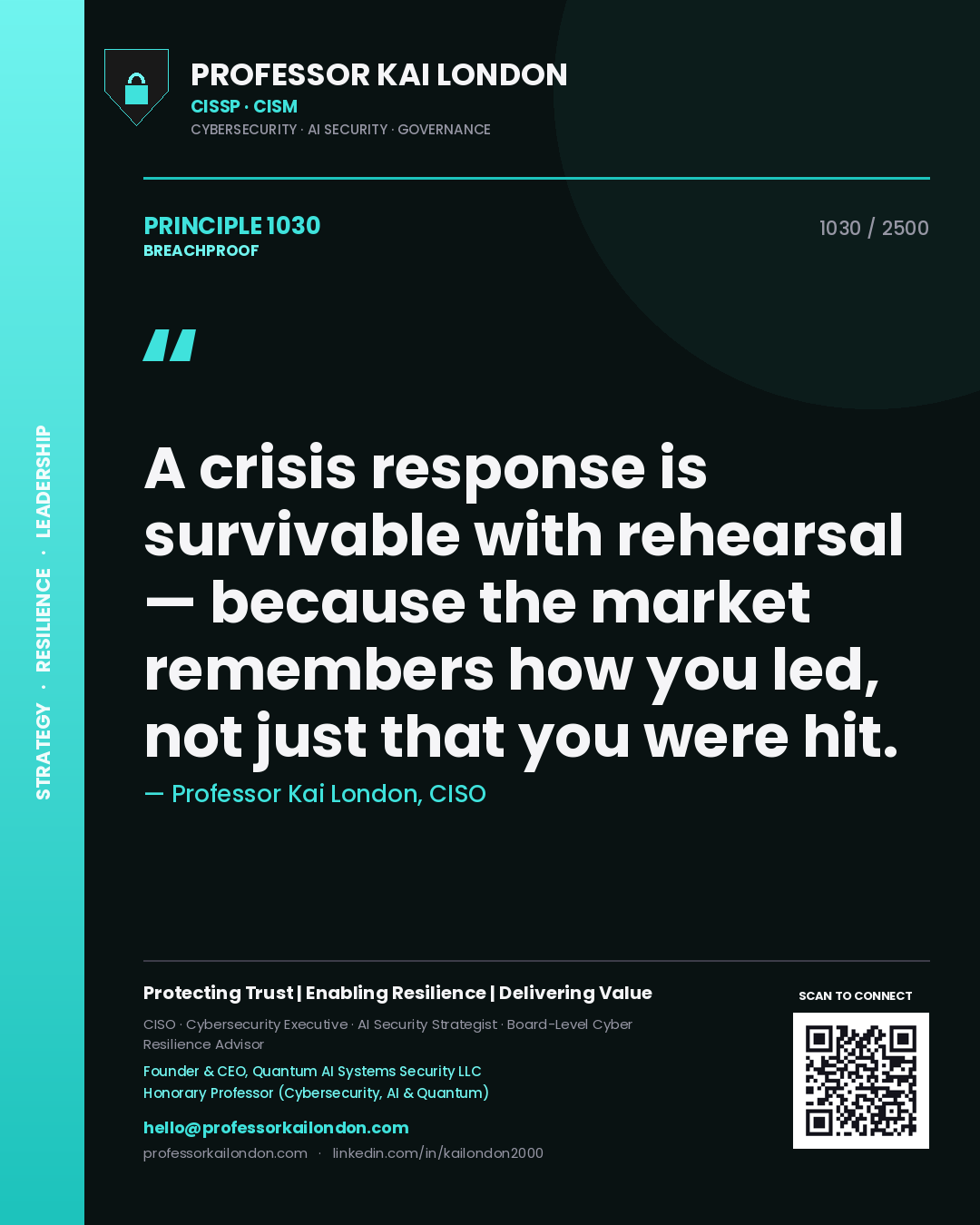 Quote card by Professor Kai London reading 'A crisis response is survivable with rehearsal — because the market remembers how you led, not just that you were hit.'. From the book Breachproof.