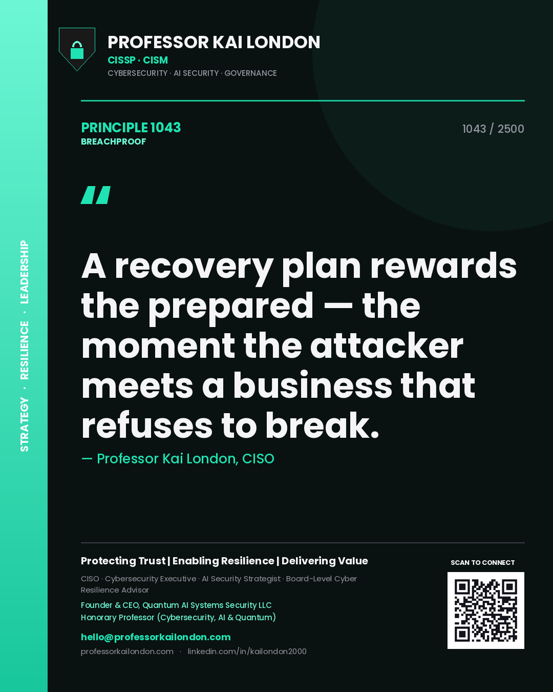 Quote card by Professor Kai London reading 'A recovery plan rewards the prepared — the moment the attacker meets a business that refuses to break.'. From the book Breachproof.