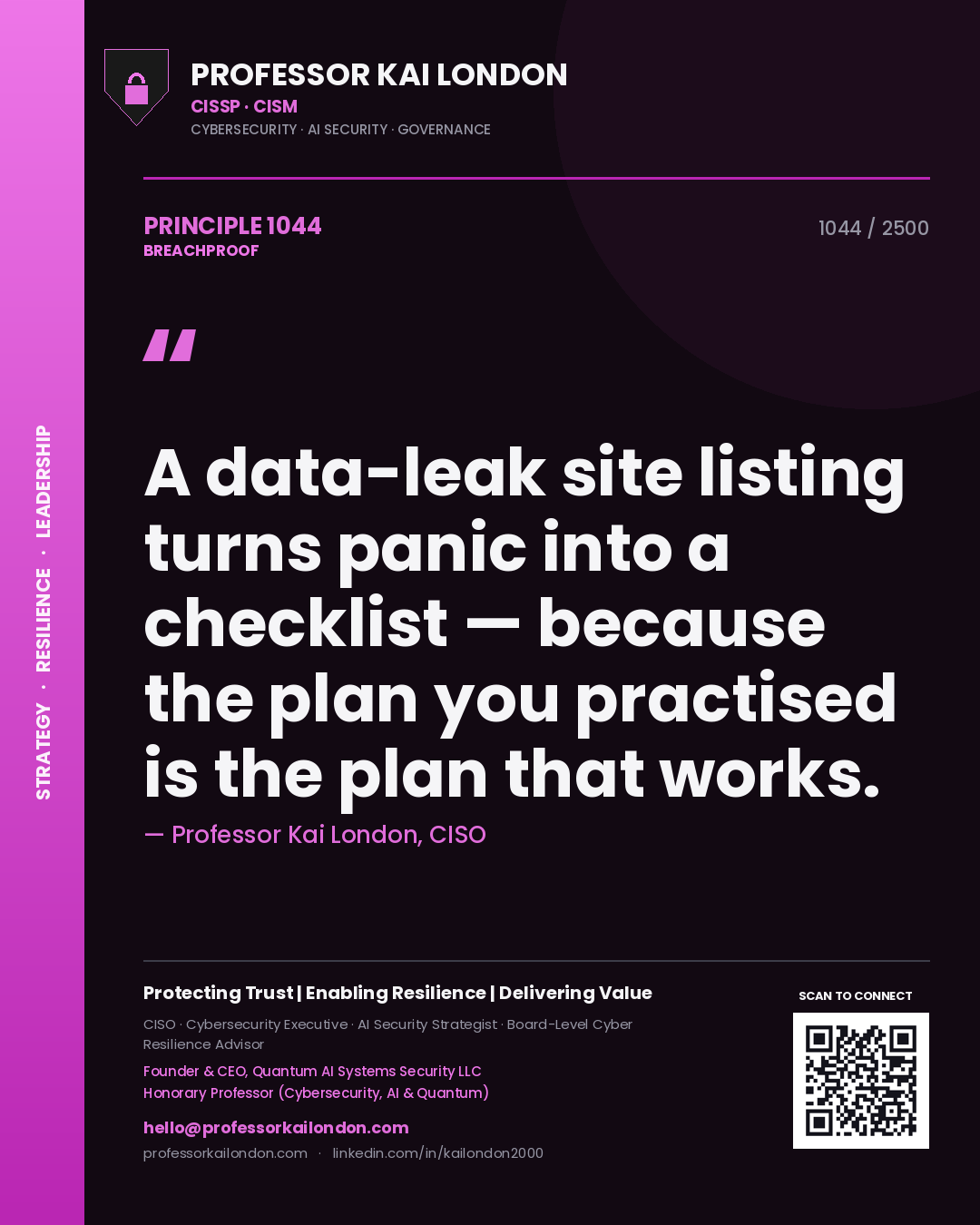 Quote card by Professor Kai London reading 'A data-leak site listing turns panic into a checklist — because the plan you practised is the plan that works.'. From the book Breachproof.