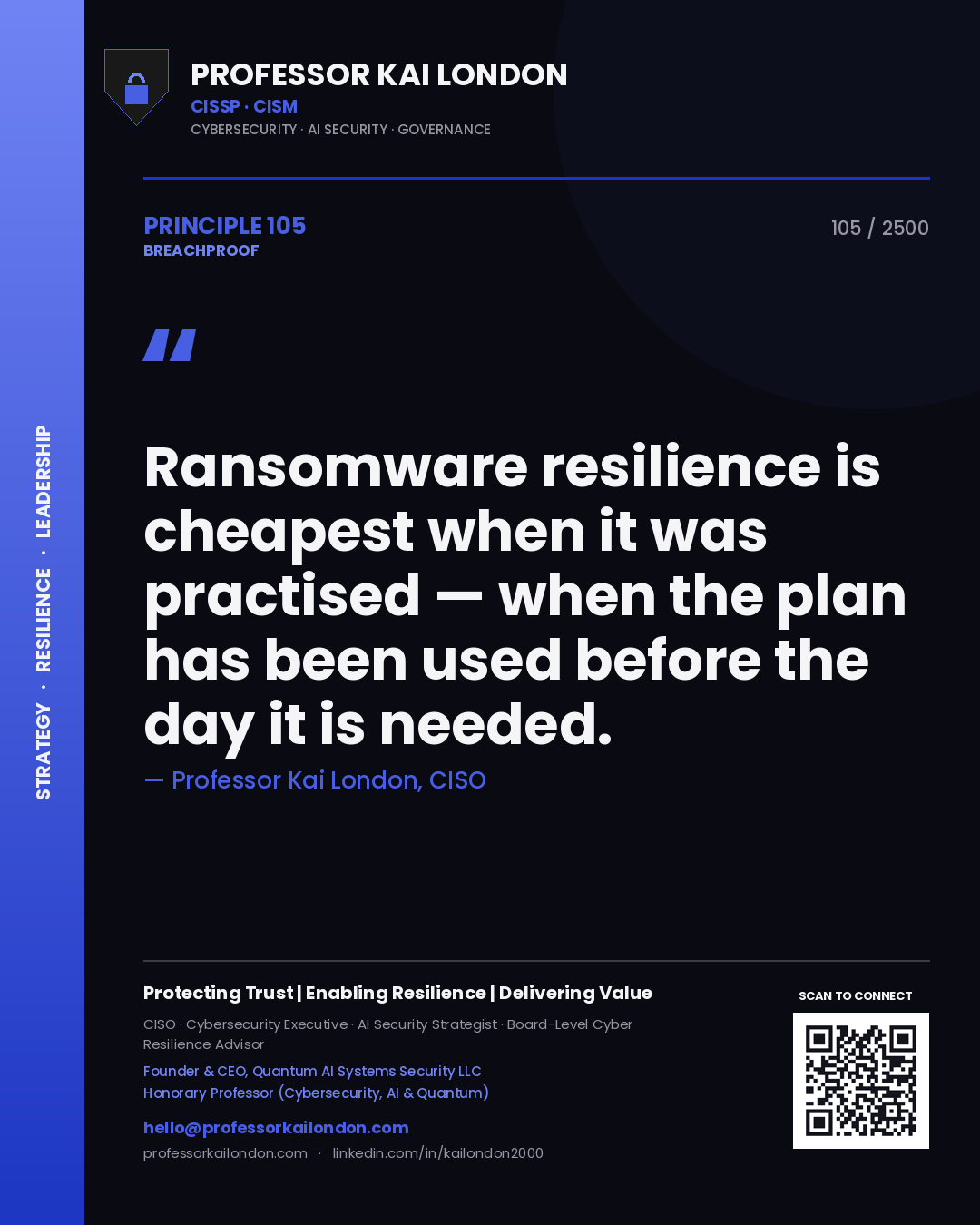 Quote card by Professor Kai London reading 'Ransomware resilience is cheapest when it was practised — when the plan has been used before the day it is needed.'. From the book Breachproof.
