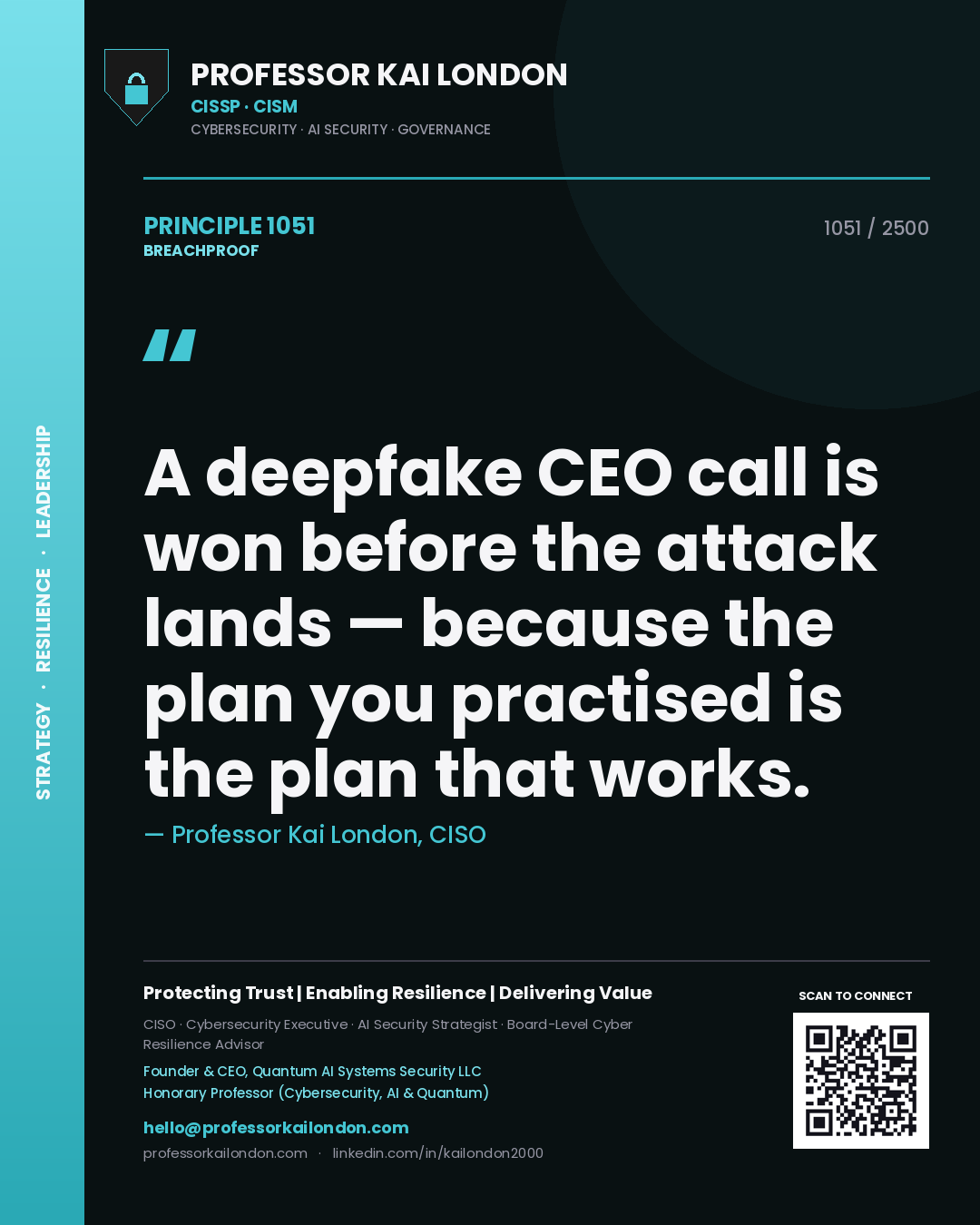 Professor Kai London principle 1051: A deepfake CEO call is won before the attack lands — because the plan you practised is the plan that works.