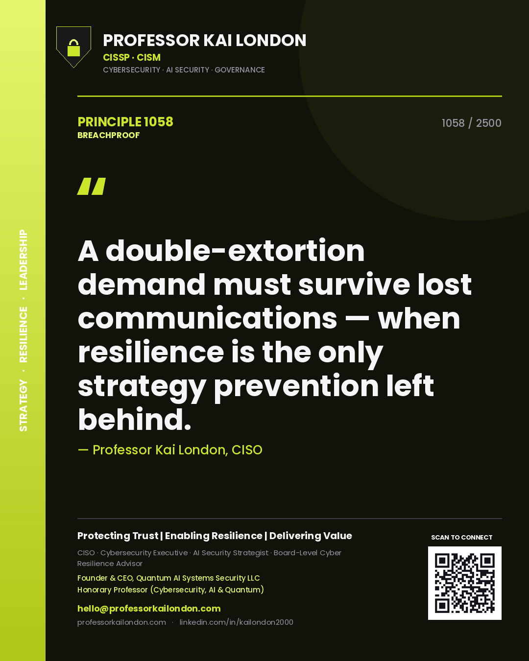 Professor Kai London principle 1058: A double-extortion demand must survive lost communications — when resilience is the only strategy prevention left behind.