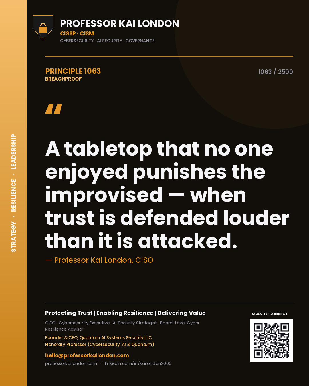 Quote card by Professor Kai London reading 'A tabletop that no one enjoyed punishes the improvised — when trust is defended louder than it is attacked.'. From the book Breachproof.
