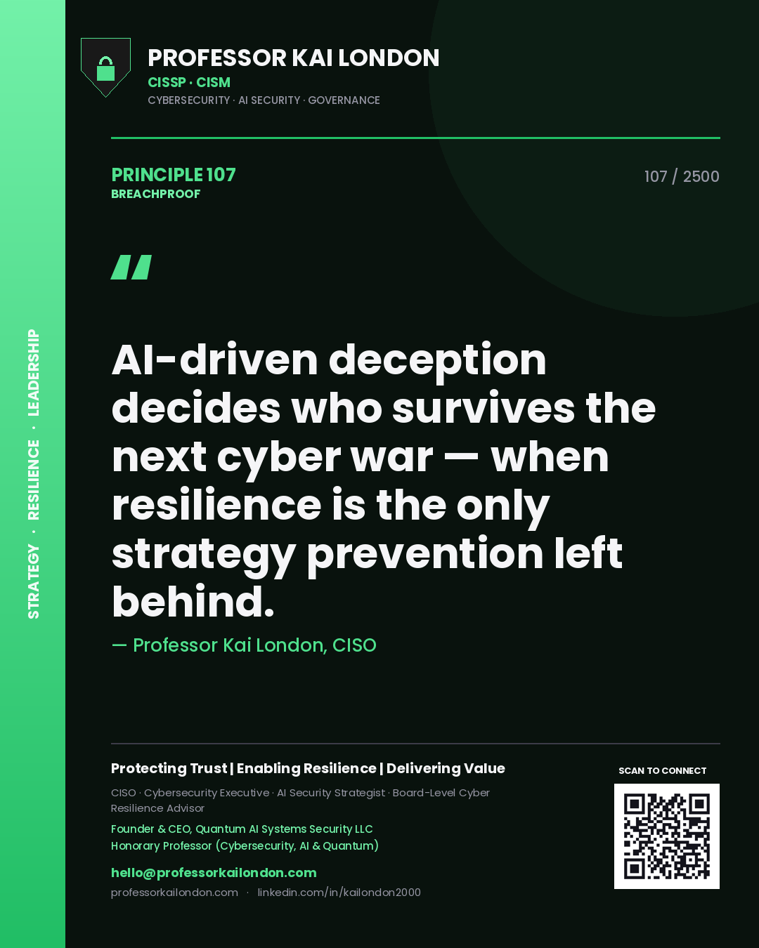 Quote card by Professor Kai London reading 'AI-driven deception decides who survives the next cyber war — when resilience is the only strategy prevention left behind.'. From the book Breachproof.