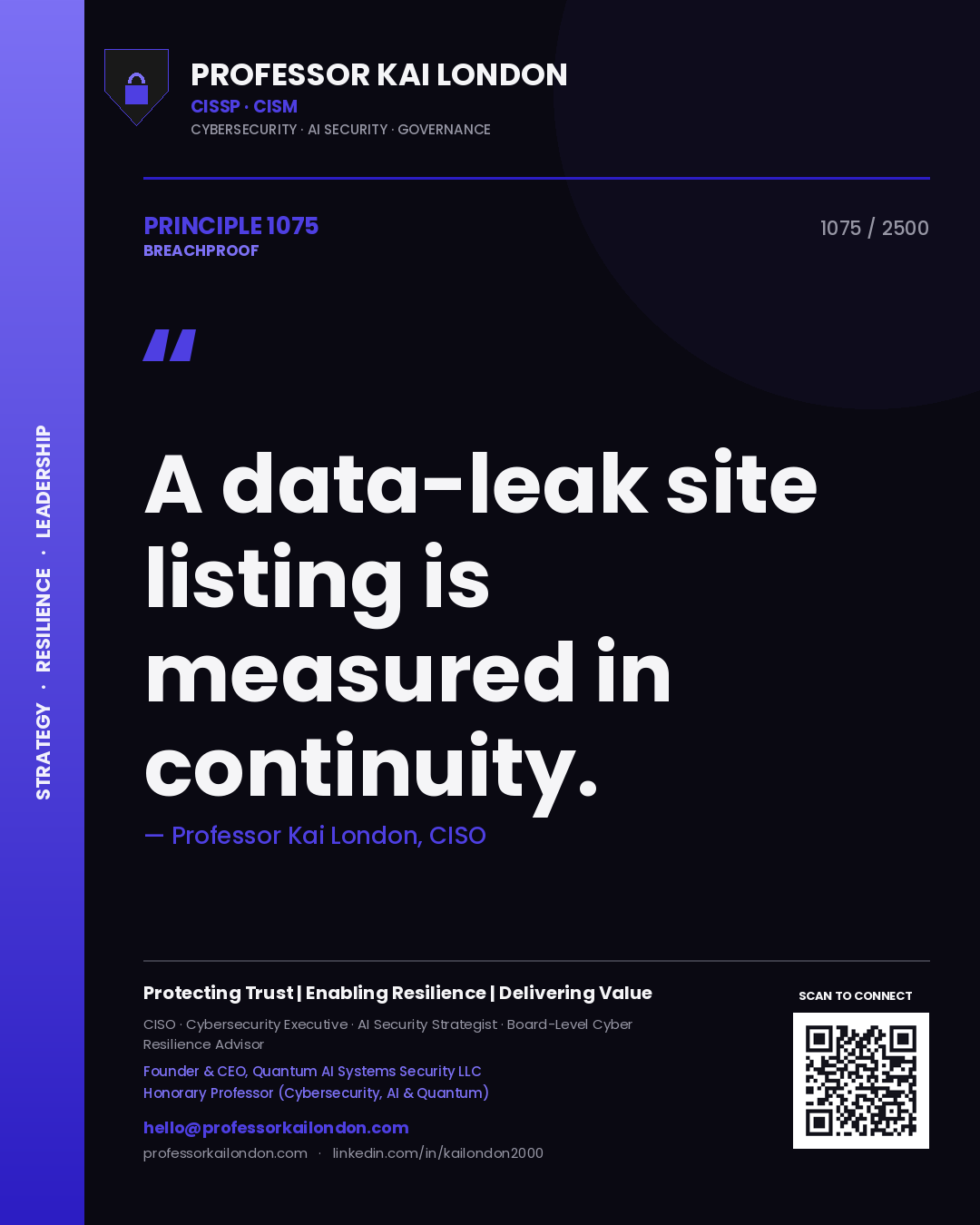 Quote card by Professor Kai London reading 'A data-leak site listing is measured in continuity.'. From the book Breachproof.