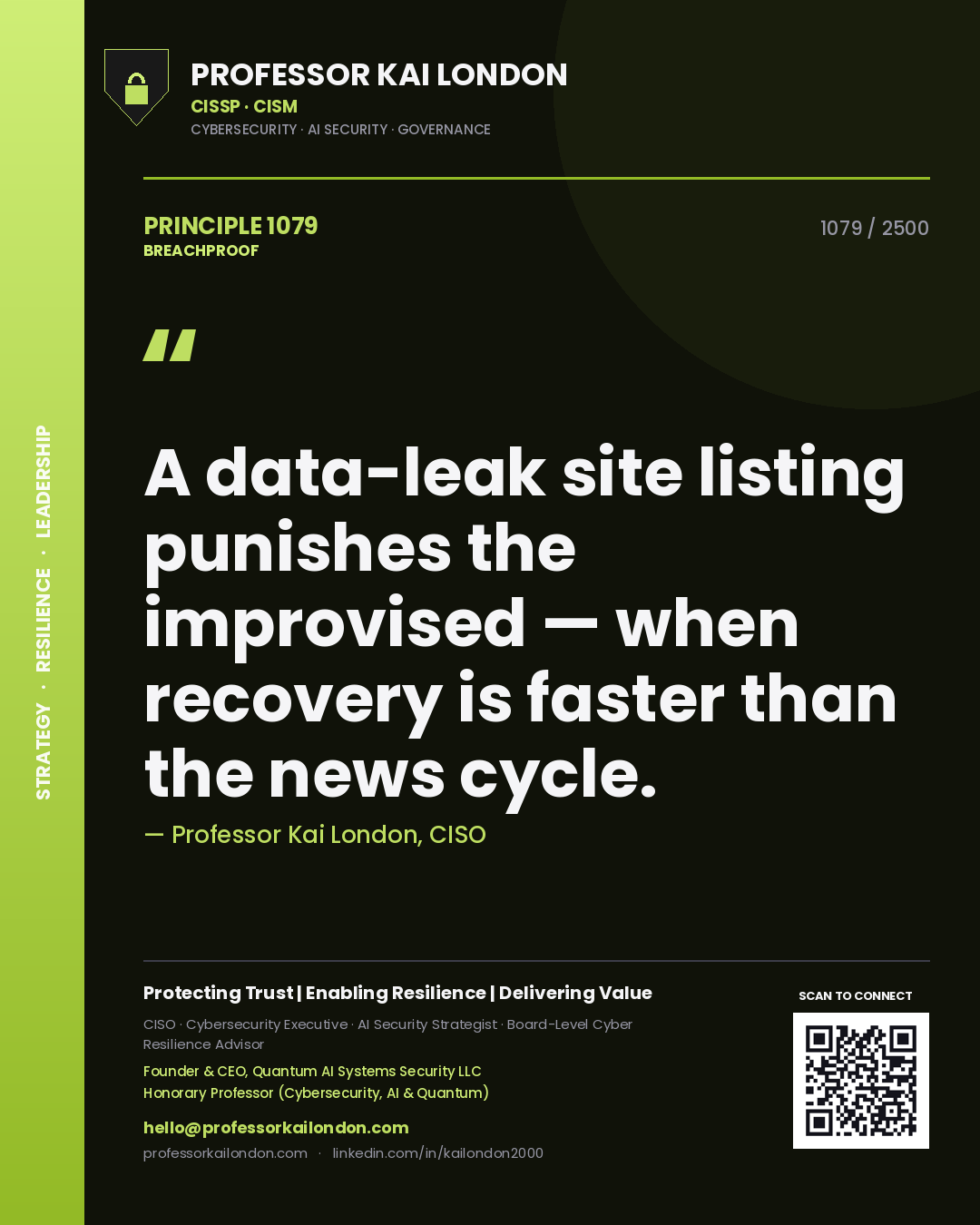 Quote card by Professor Kai London reading 'A data-leak site listing punishes the improvised — when recovery is faster than the news cycle.'. From the book Breachproof.