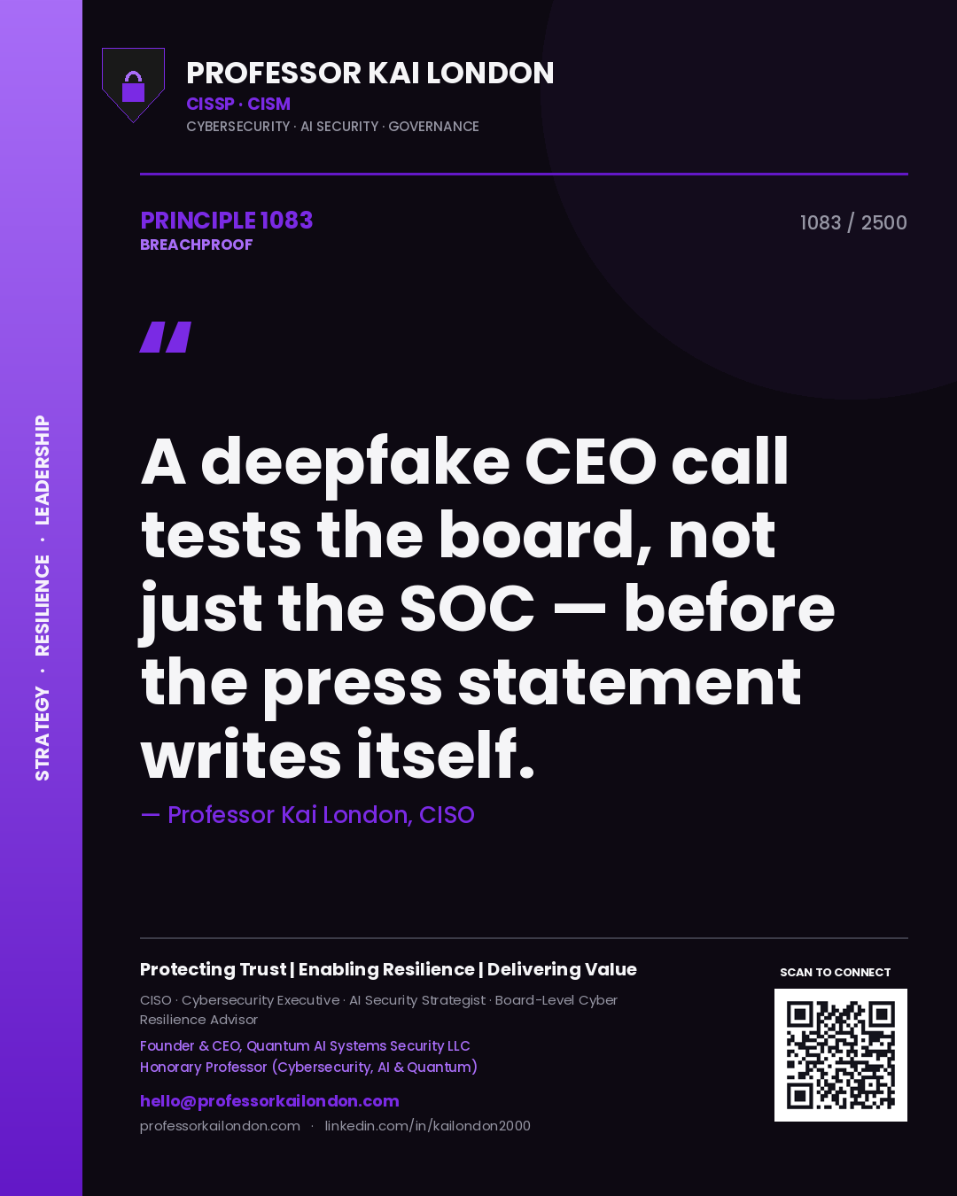Quote card by Professor Kai London reading 'A deepfake CEO call tests the board, not just the SOC — before the press statement writes itself.'. From the book Breachproof.
