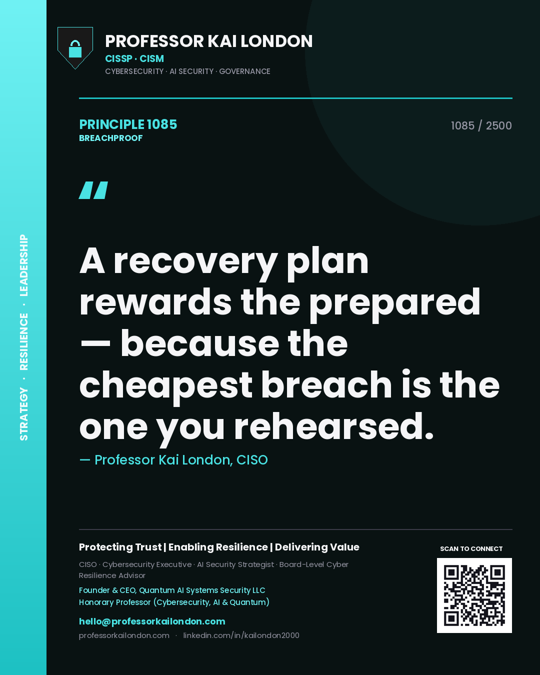 Professor Kai London principle 1085: A recovery plan rewards the prepared — because the cheapest breach is the one you rehearsed.