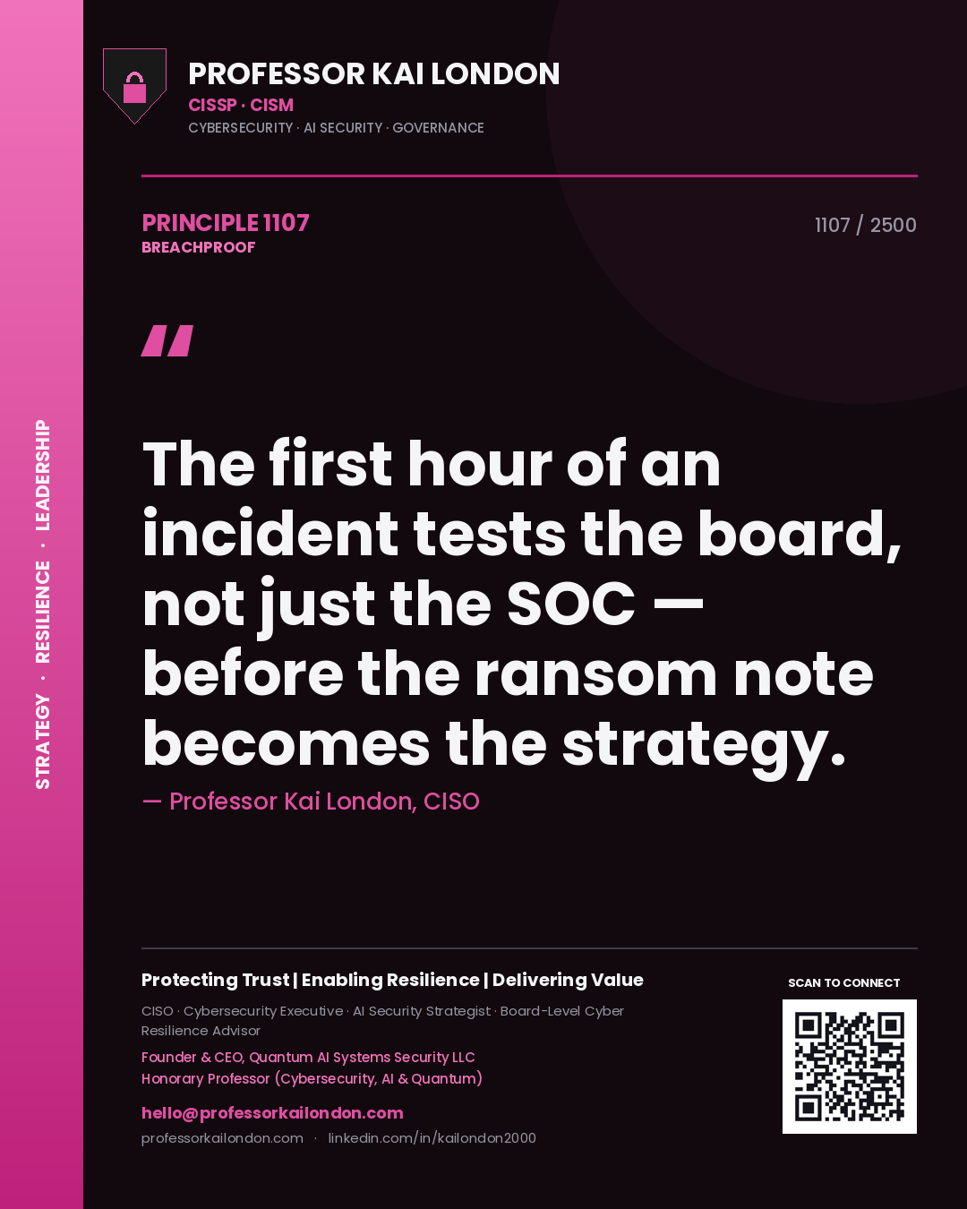Quote card by Professor Kai London reading 'The first hour of an incident tests the board, not just the SOC — before the ransom note becomes the strategy.'. From the book Breachproof.