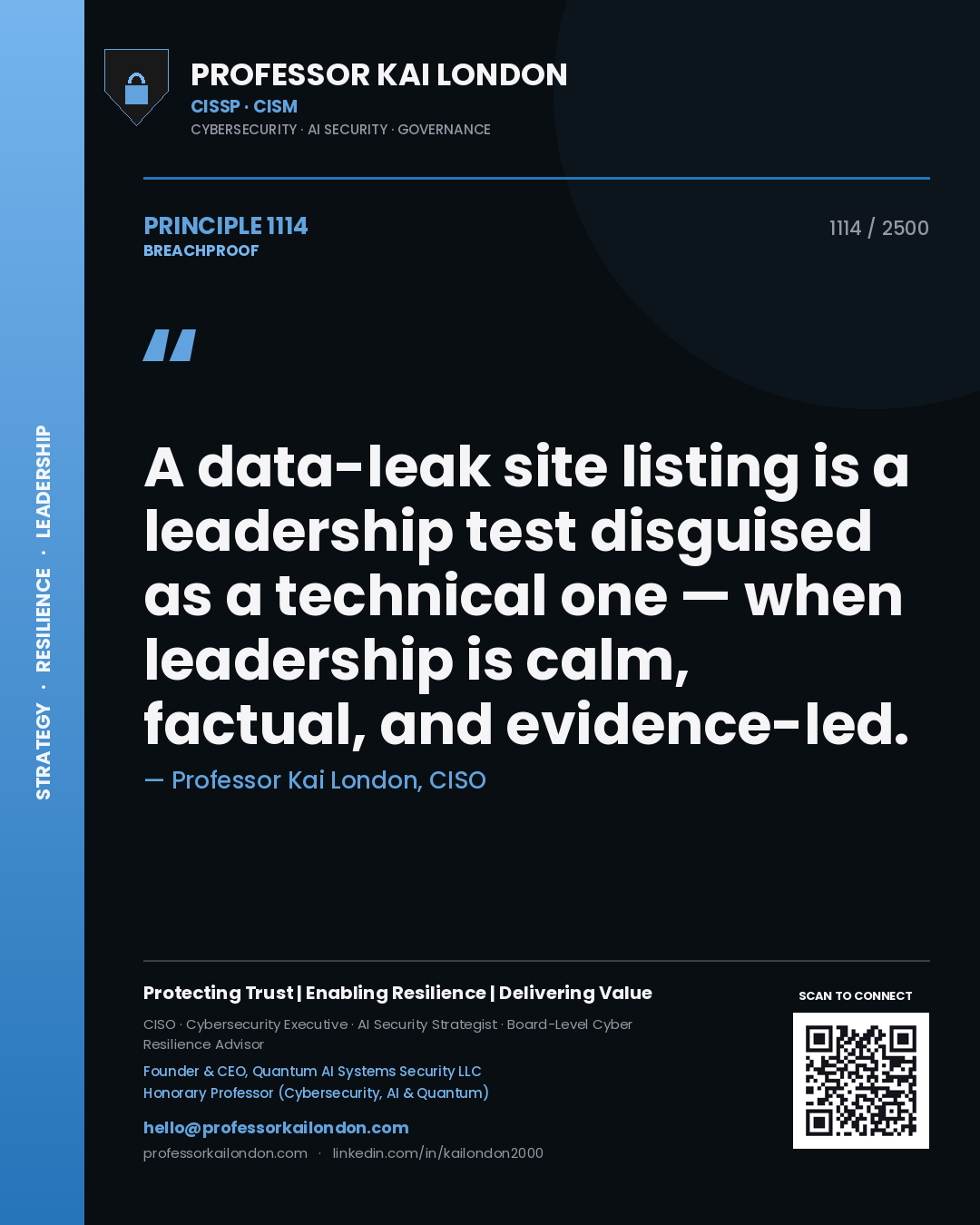 Quote card by Professor Kai London reading 'A data-leak site listing is a leadership test disguised as a technical one — when leadership is calm, factual, and evidence-led.'. From the book Breachproof.