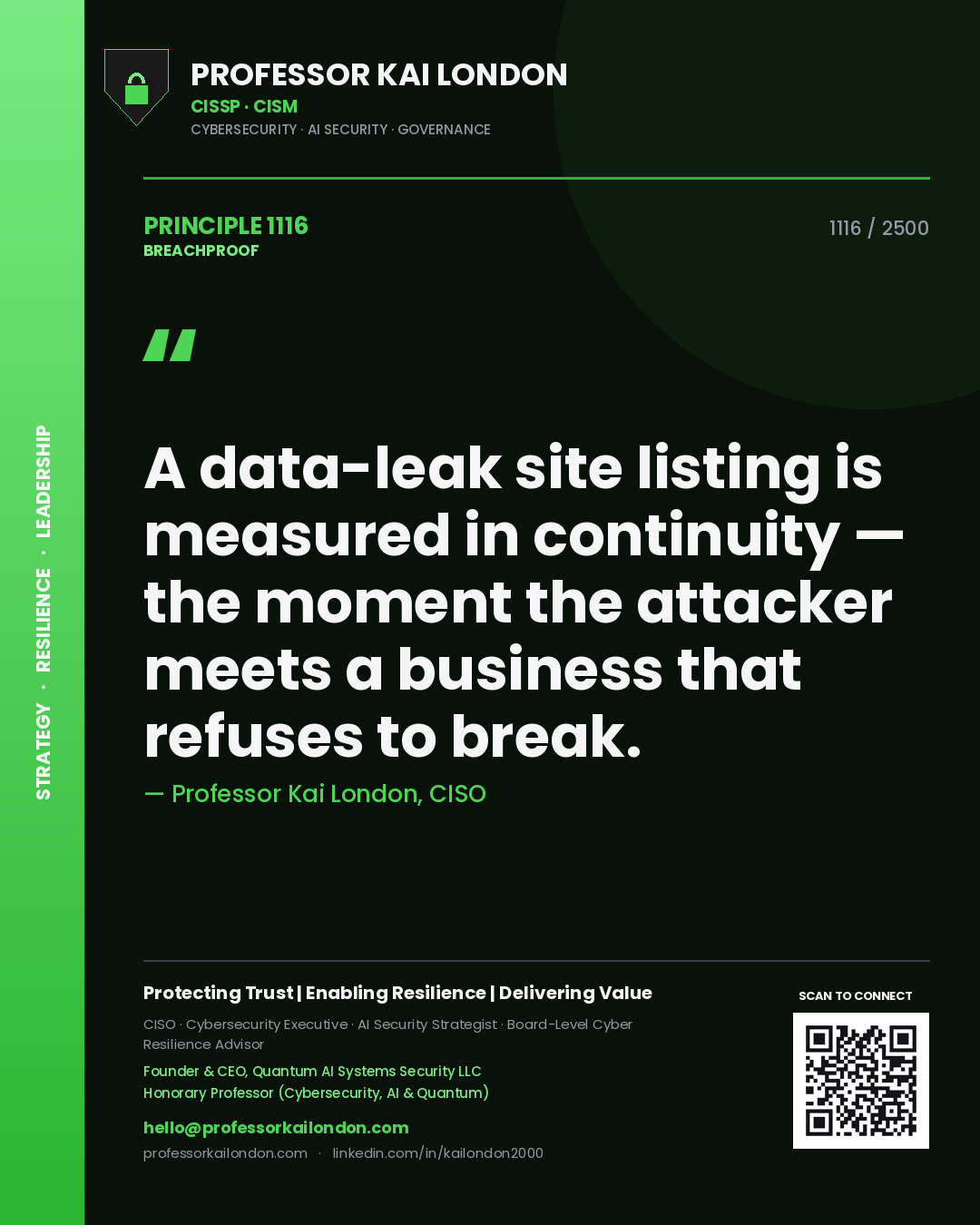 Quote card by Professor Kai London reading 'A data-leak site listing is measured in continuity — the moment the attacker meets a business that refuses to break.'. From the book Breachproof.