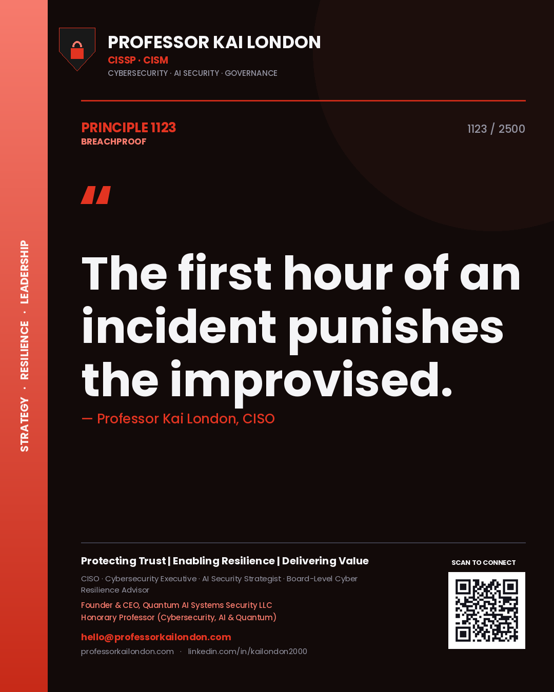 Quote card by Professor Kai London reading 'The first hour of an incident punishes the improvised.'. From the book Breachproof.