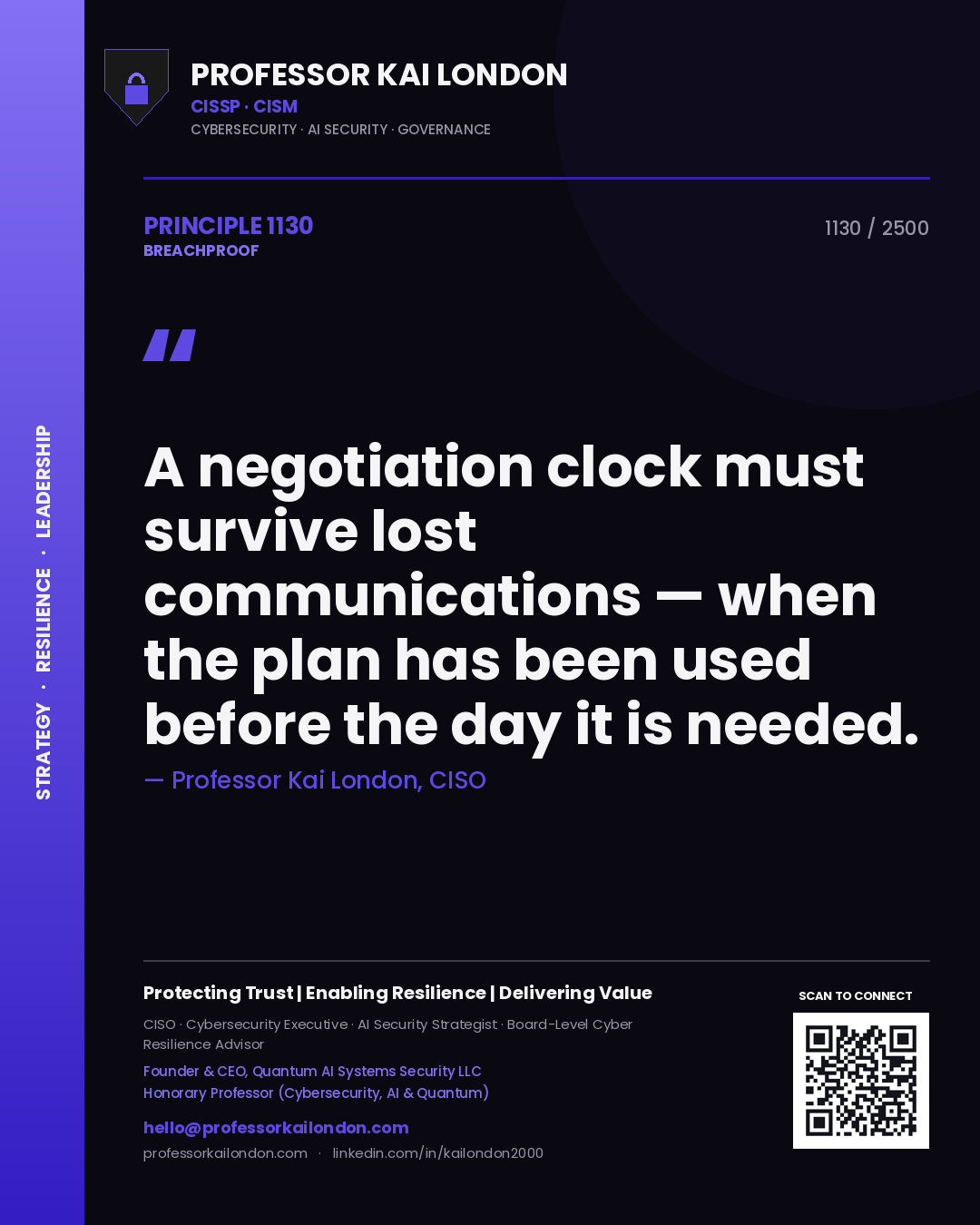 Professor Kai London principle 1130: A negotiation clock must survive lost communications — when the plan has been used before the day it is needed.