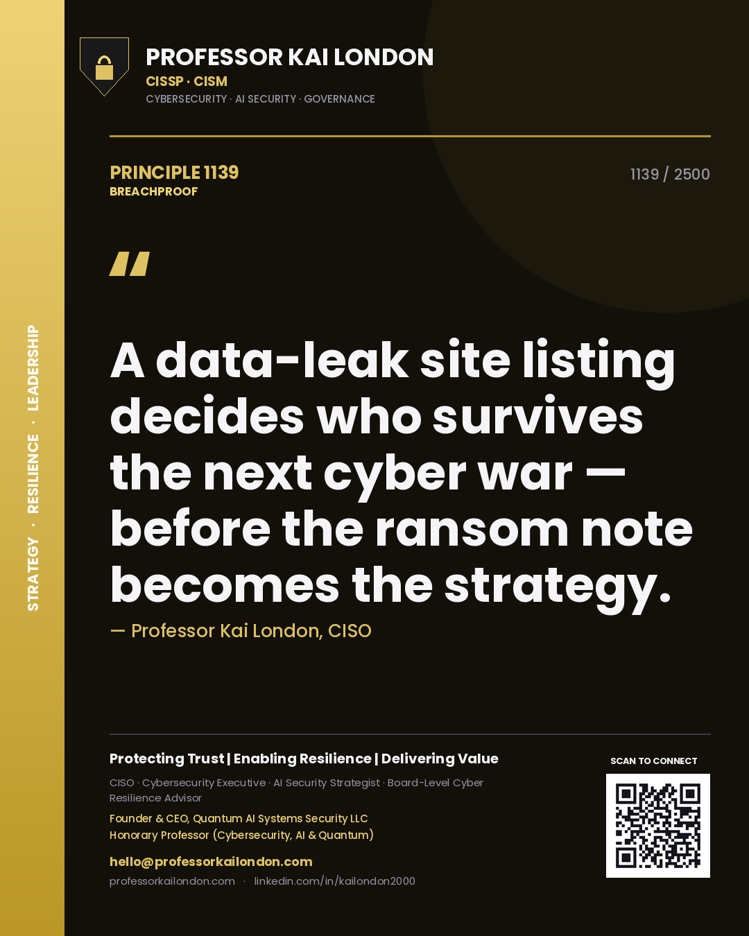 Quote card by Professor Kai London reading 'A data-leak site listing decides who survives the next cyber war — before the ransom note becomes the strategy.'. From the book Breachproof.