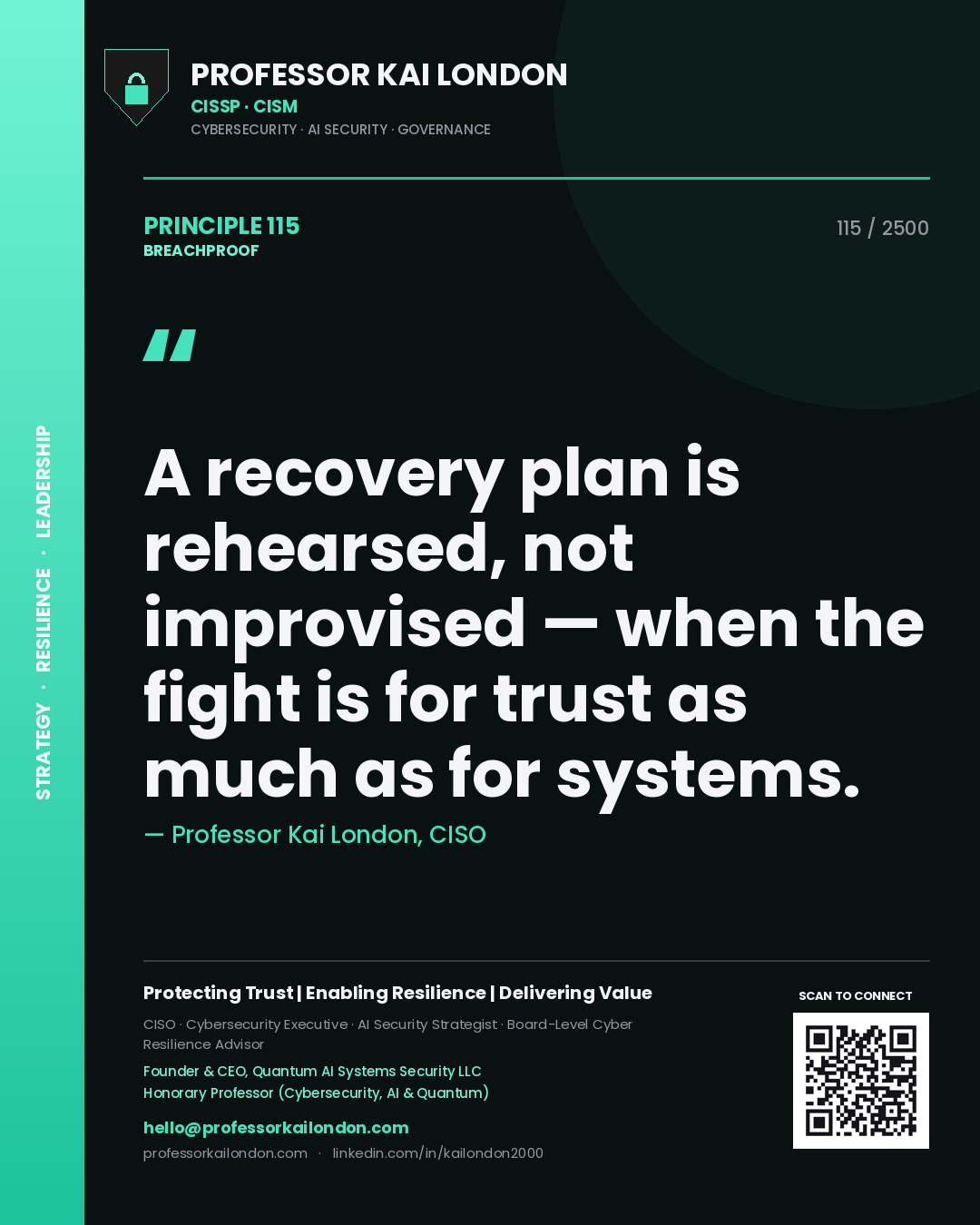 Quote card by Professor Kai London reading 'A recovery plan is rehearsed, not improvised — when the fight is for trust as much as for systems.'. From the book Breachproof.