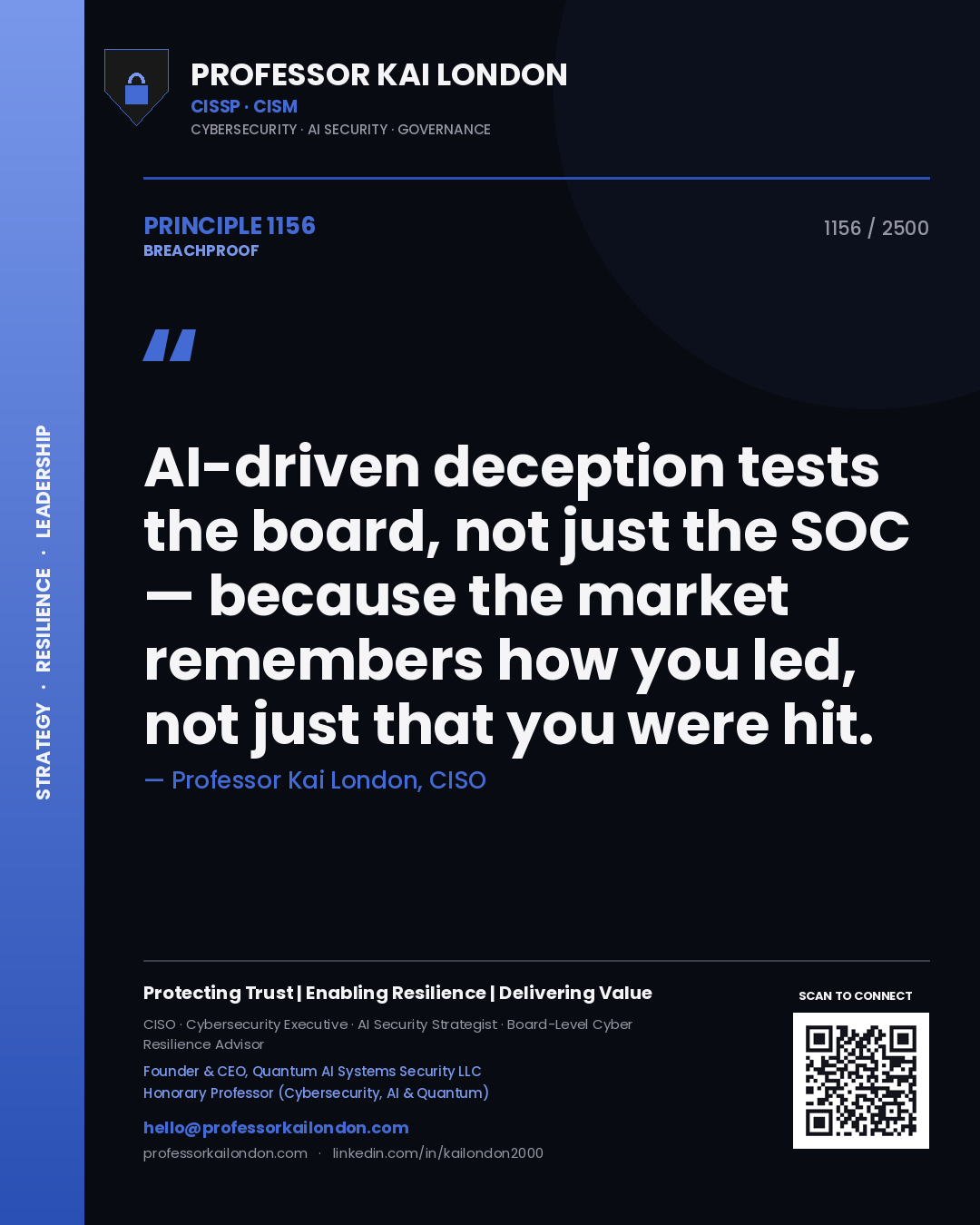 Professor Kai London principle 1156: AI-driven deception tests the board, not just the SOC — because the market remembers how you led, not just that you were hit.