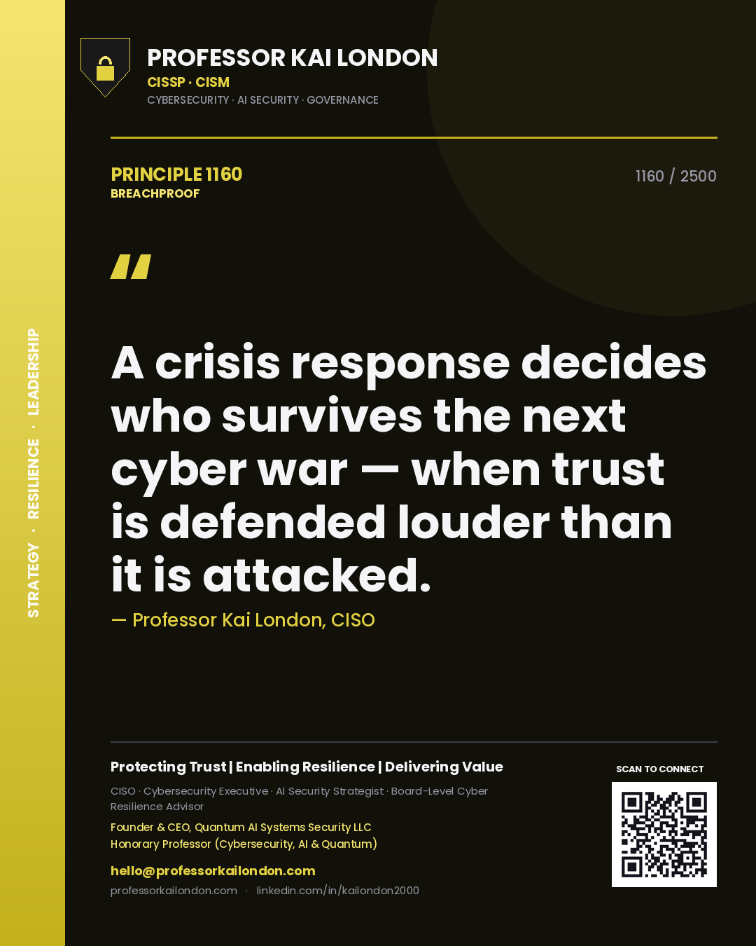 Professor Kai London principle 1160: A crisis response decides who survives the next cyber war — when trust is defended louder than it is attacked.