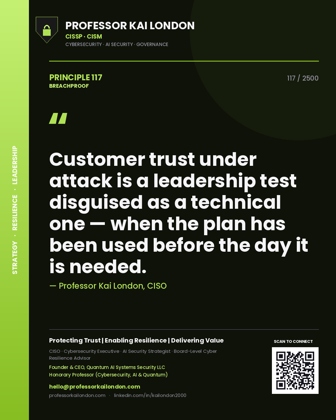 Quote card by Professor Kai London reading 'Customer trust under attack is a leadership test disguised as a technical one — when the plan has been used before the day it is needed.'. From the book Breachproof.
