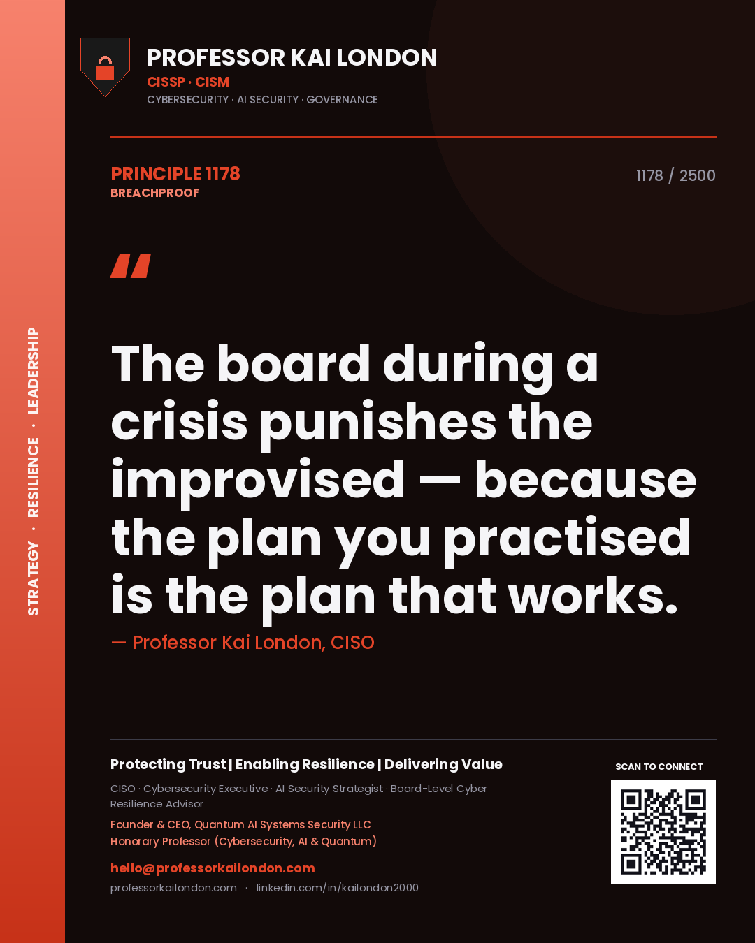 Professor Kai London principle 1178: The board during a crisis punishes the improvised — because the plan you practised is the plan that works.