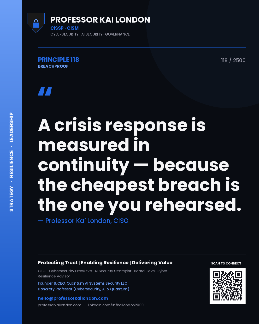 Quote card by Professor Kai London reading 'A crisis response is measured in continuity — because the cheapest breach is the one you rehearsed.'. From the book Breachproof.